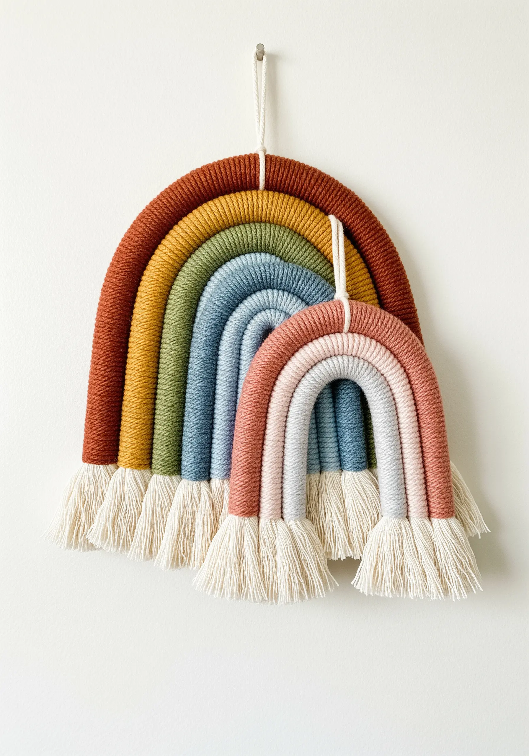 Two yarn-wrapped rainbow wall hangings with neat fringe in earthy and pastel tones.