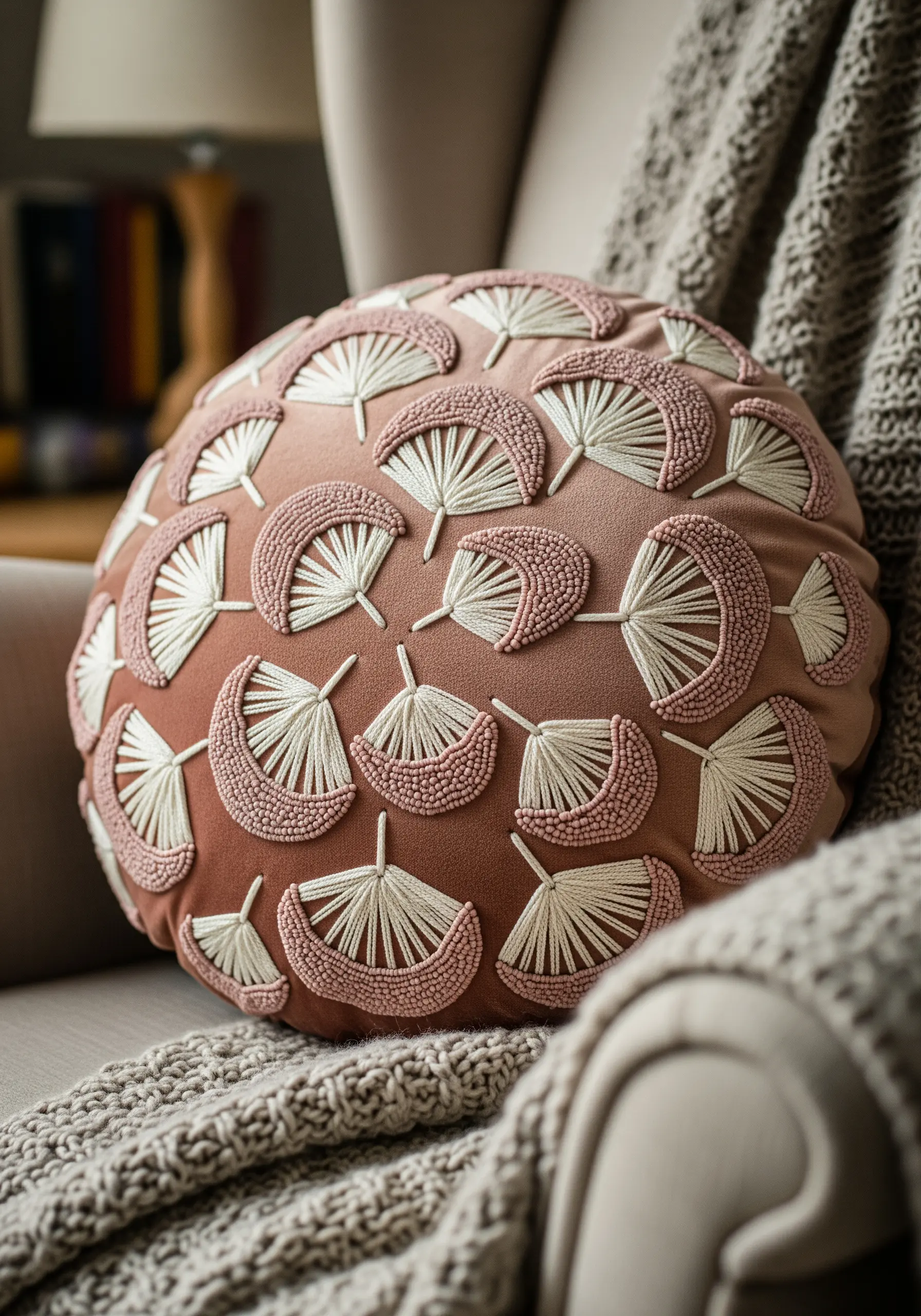 A round terracotta-colored pillow with embroidered fan shapes using padded satin stitch and French knots.