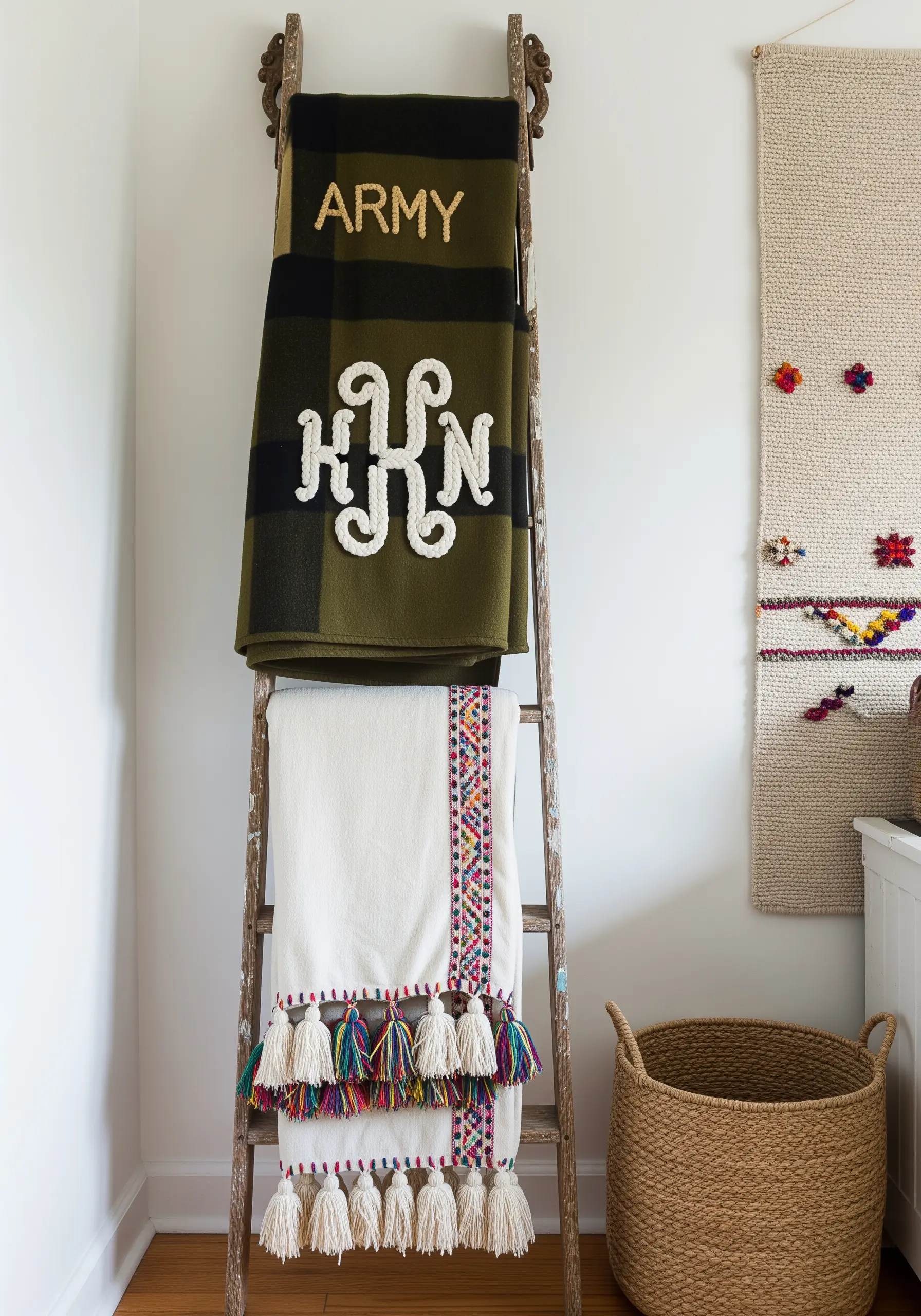 A close-up of a thick, white yarn monogram couched onto a green plaid blanket.