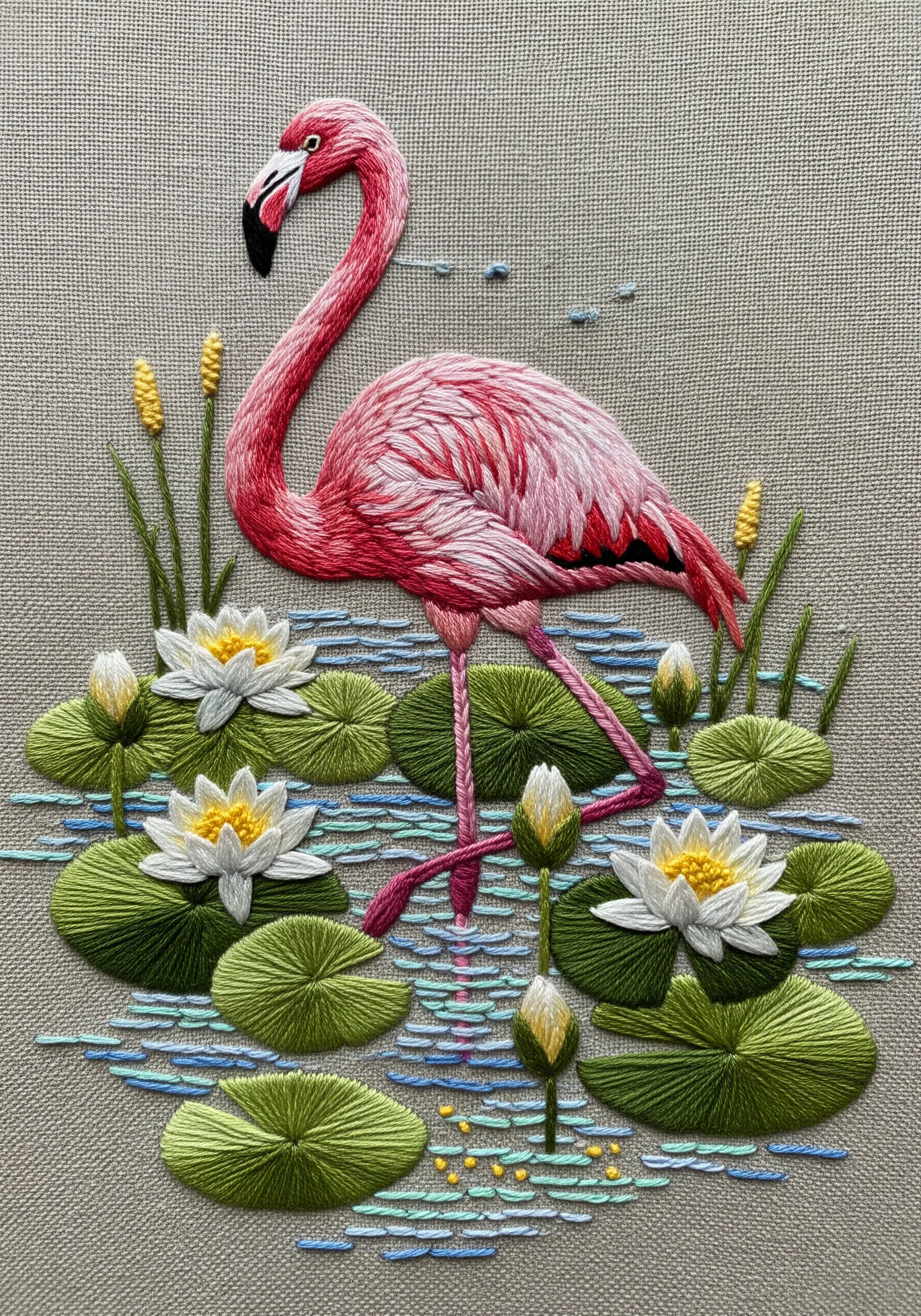 A detailed flamingo standing in a pond filled with embroidered water lilies and pads.
