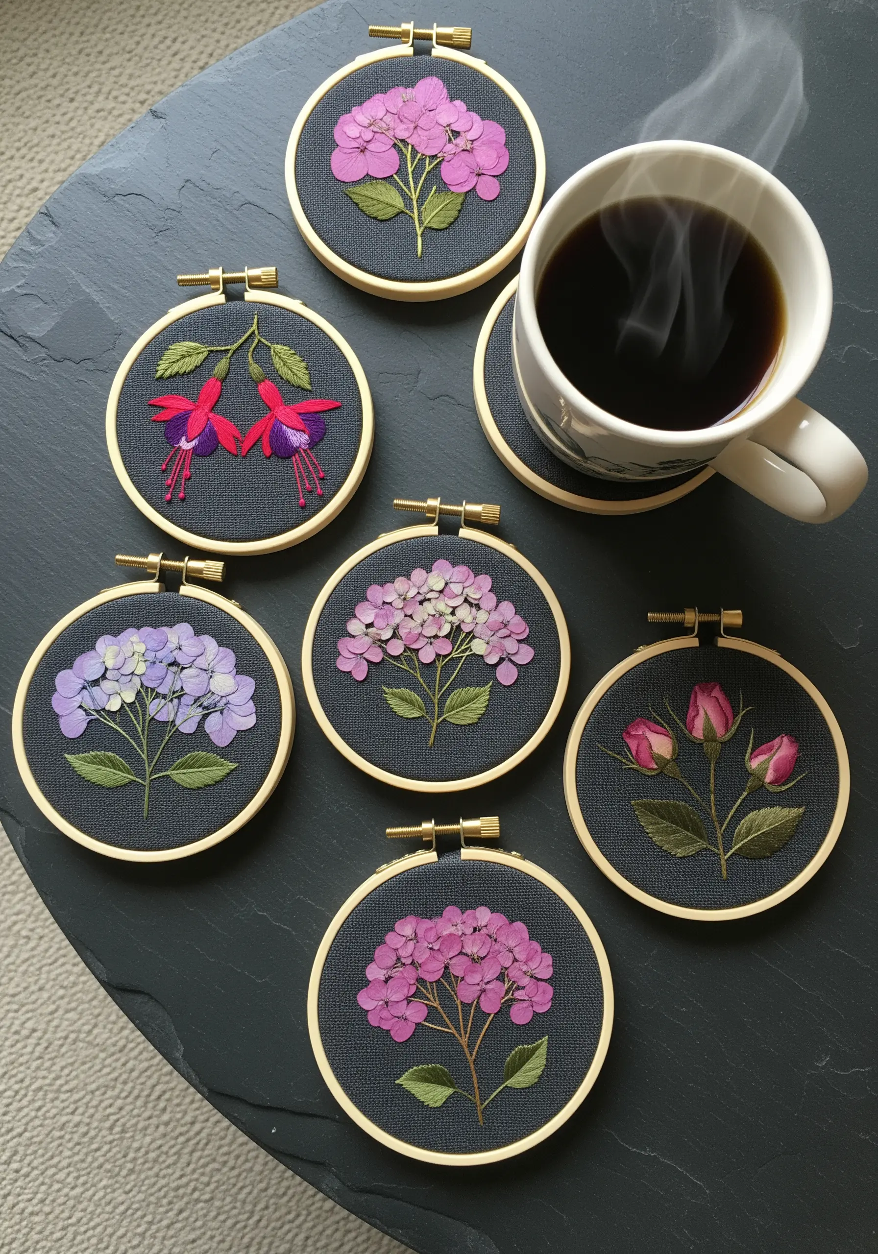 A set of small embroidery hoop coasters with fuchsia and hydrangea motifs on dark fabric.
