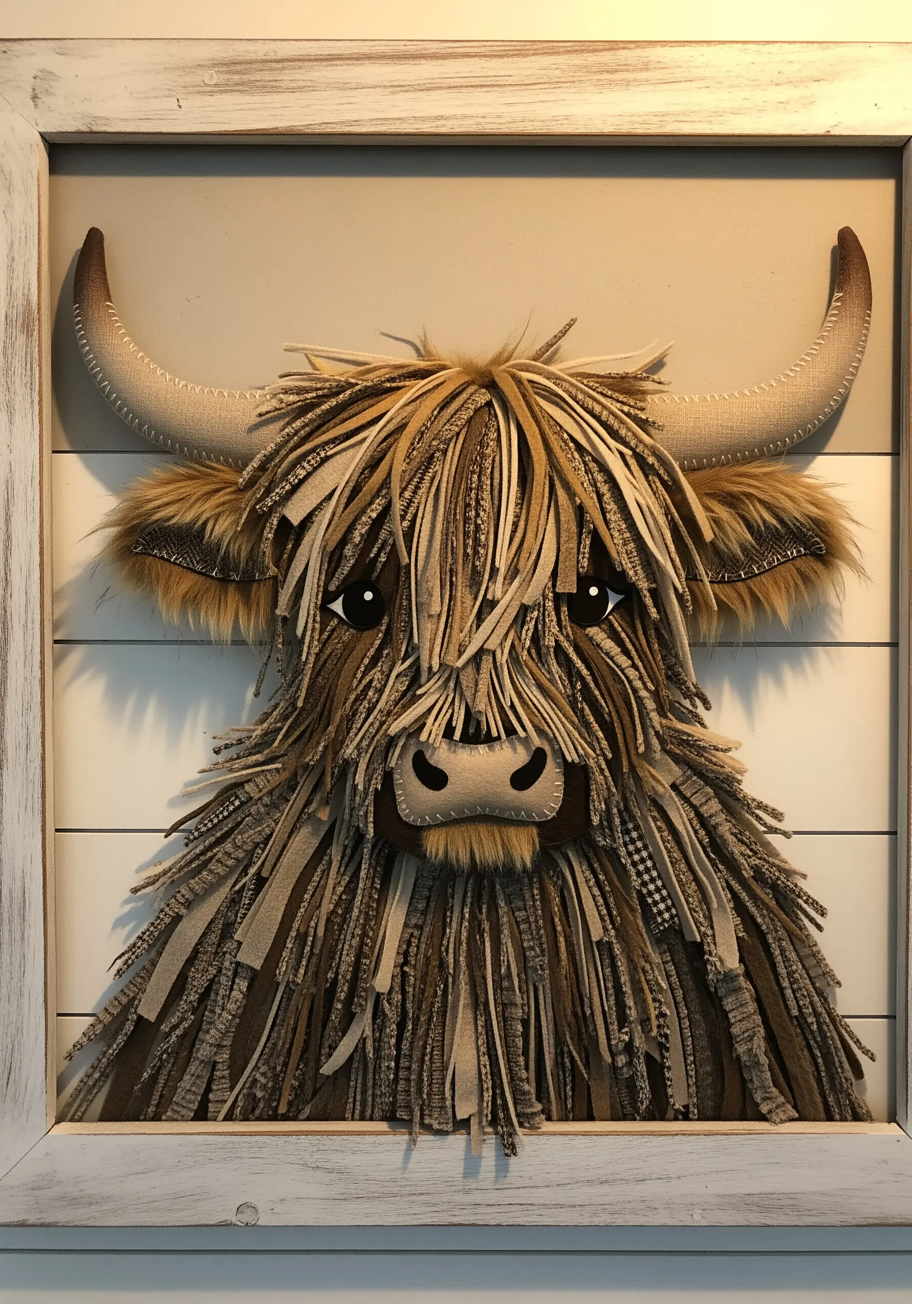 Highland cow portrait made from shaggy, layered strips of neutral-toned fabrics and faux fur.