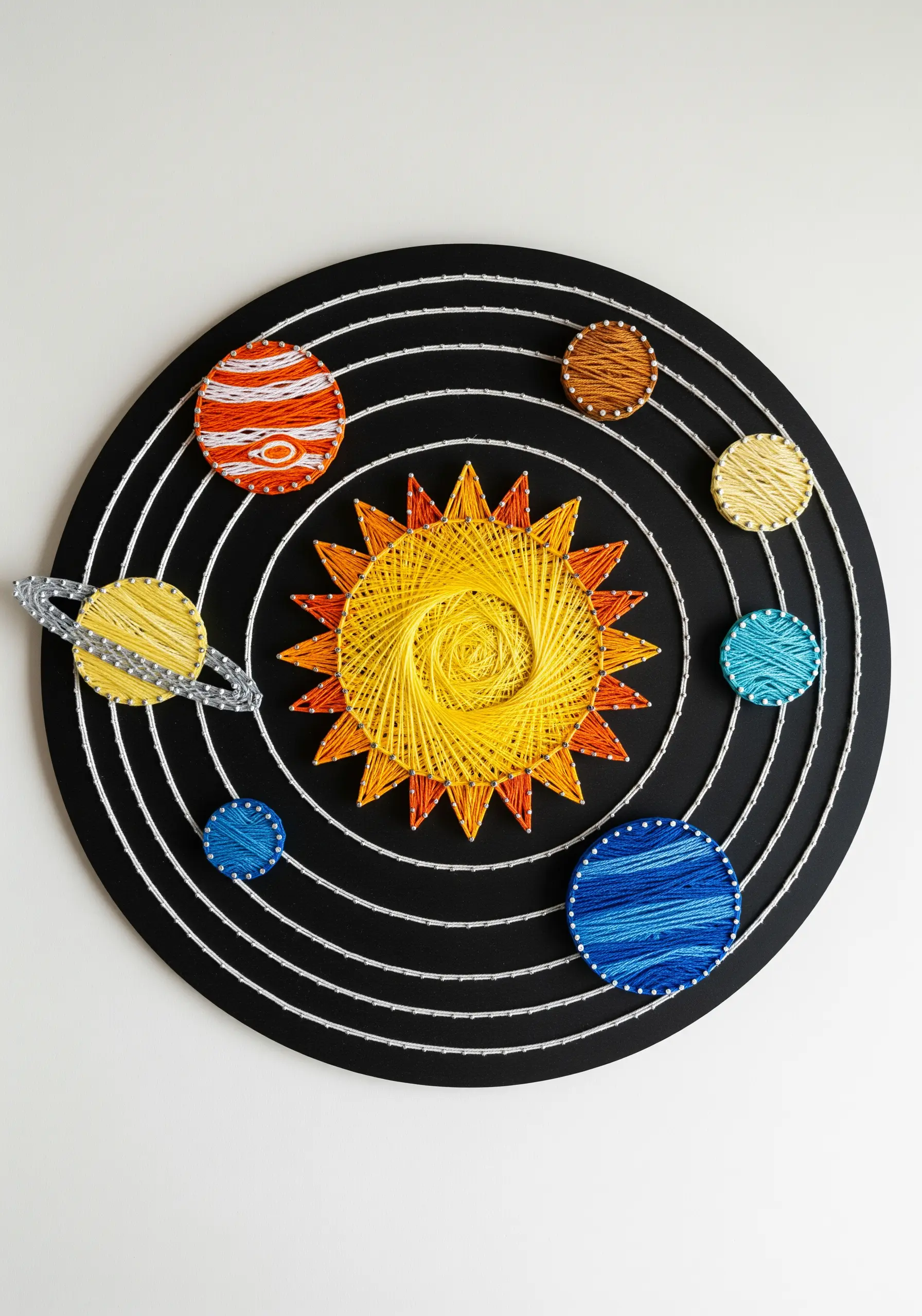 An embroidered solar system with planets created using various textures and stitch techniques.
