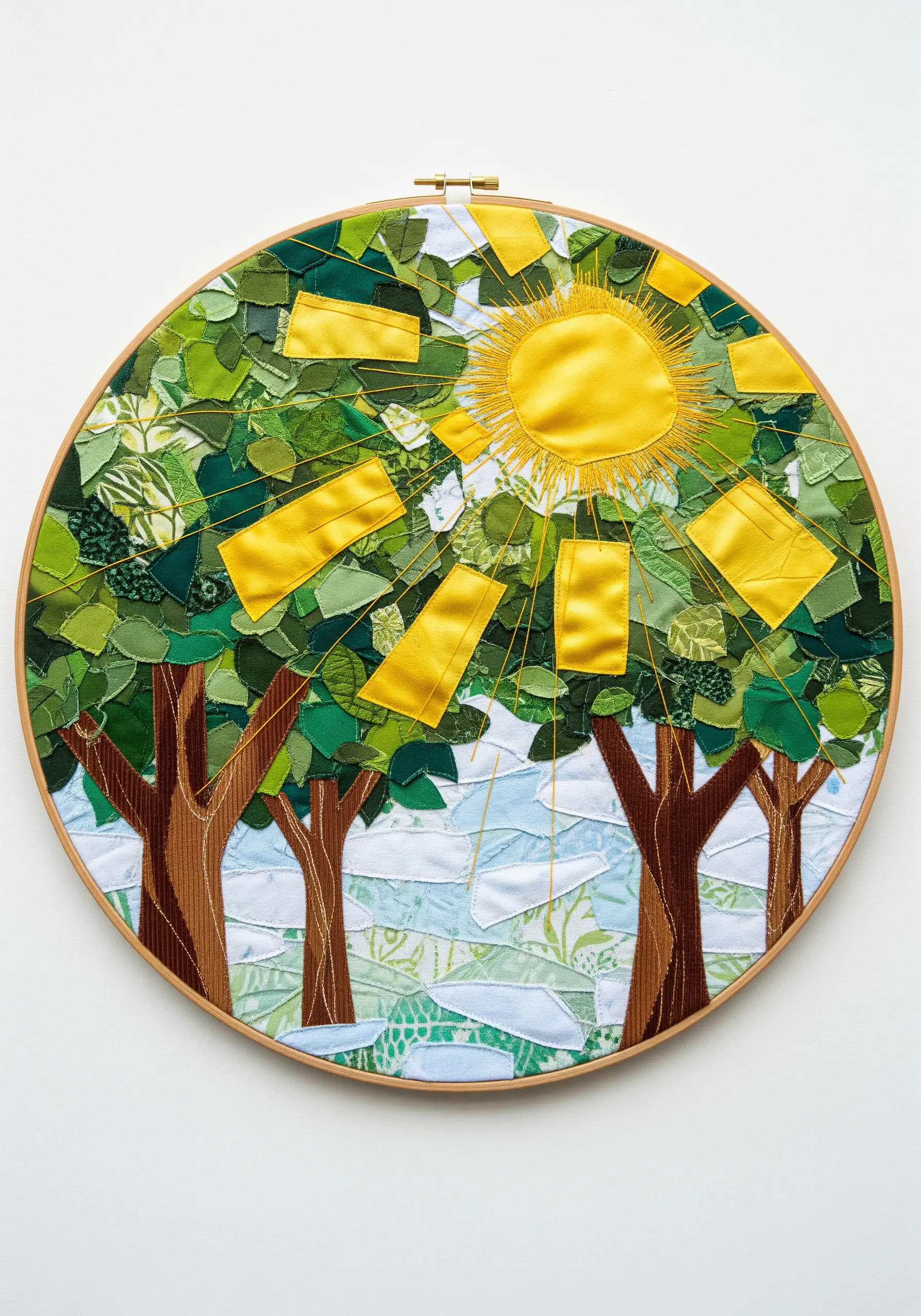 Hoop art depicting a sun shining through trees, made from a mosaic of green and yellow fabric scraps.