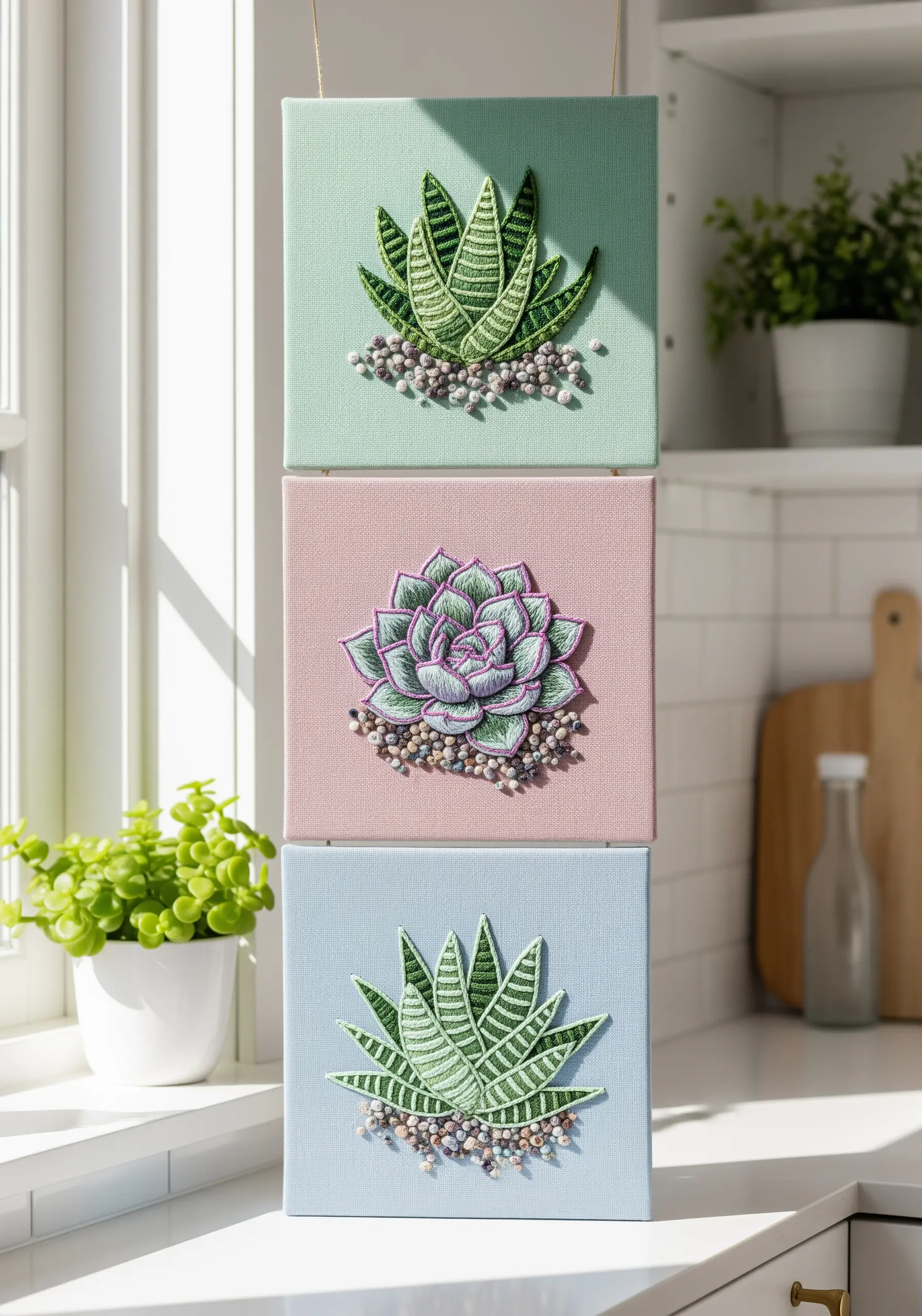Three small embroidered canvases, each with a different 3D succulent plant stitched on it.