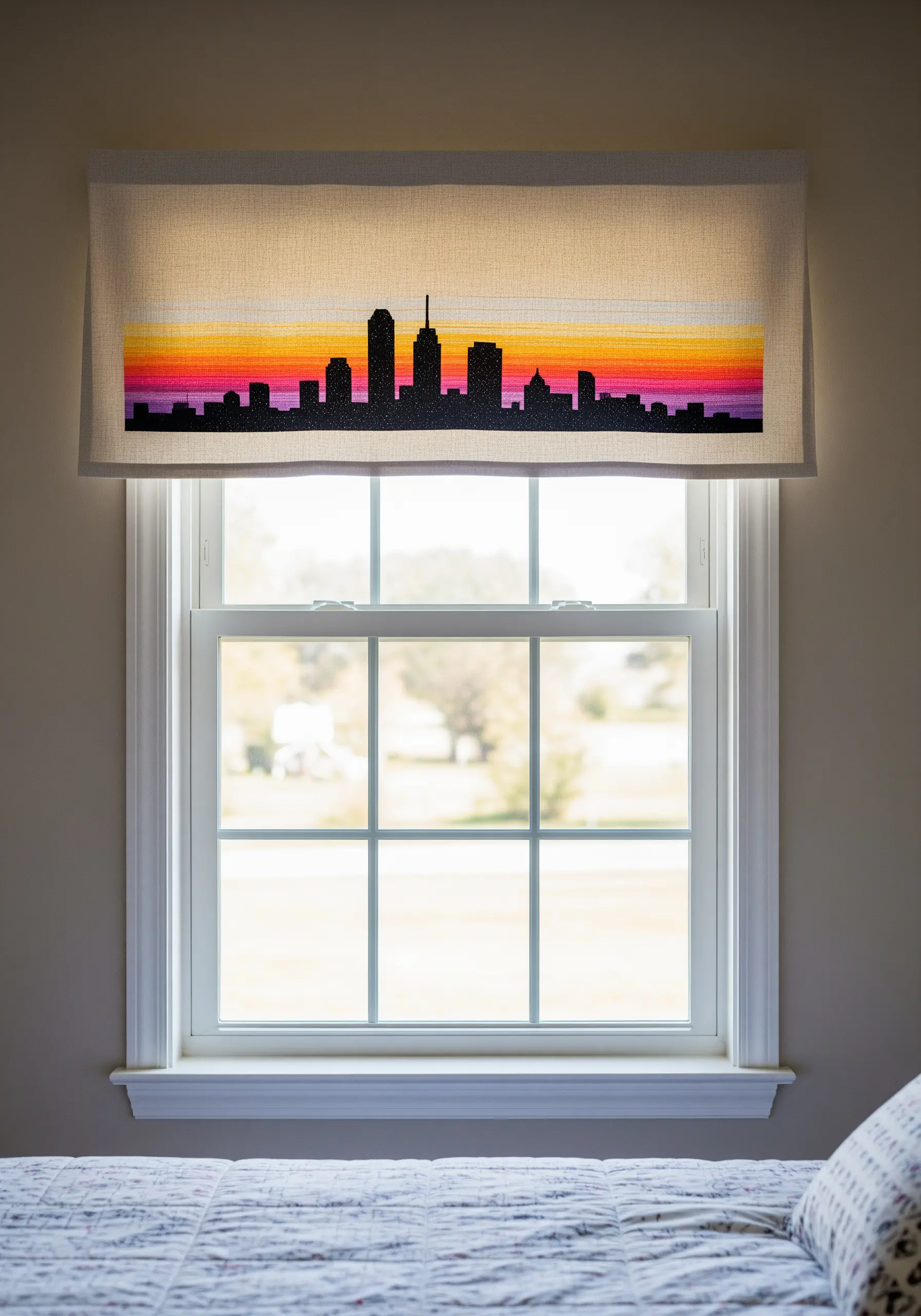 A fabric window valance embroidered with a city skyline against a vibrant sunset gradient.