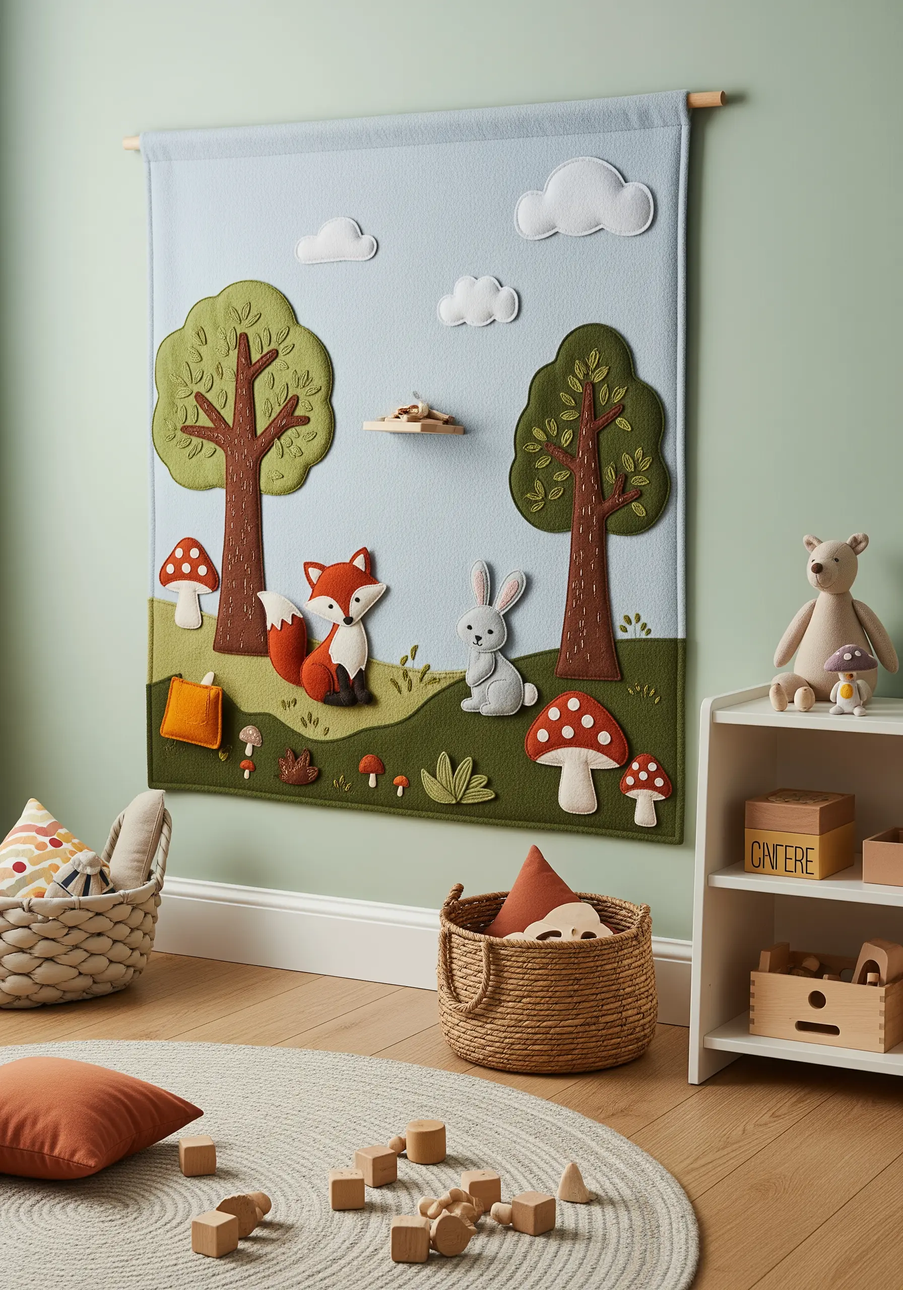 A felt appliqué wall hanging for a nursery with a fox, rabbit, trees, and mushrooms