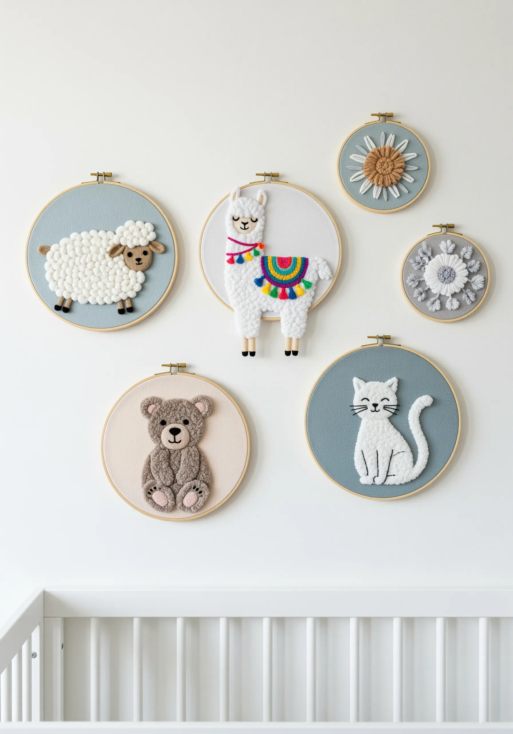 A set of five embroidered animals for a nursery, including a sheep with French knot wool.