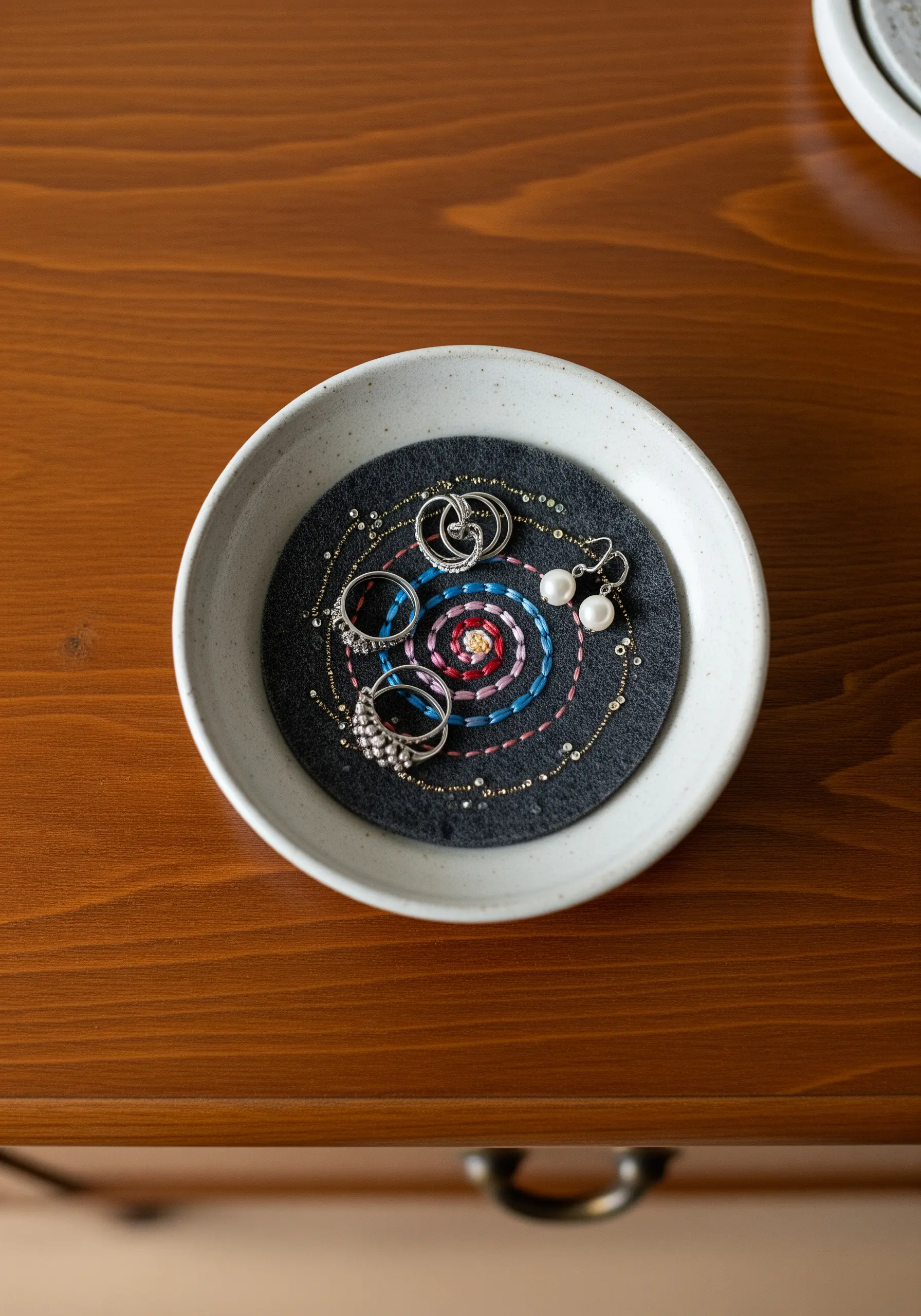 A ceramic bowl lined with dark felt embroidered with a colorful spiral and dotted with beads.