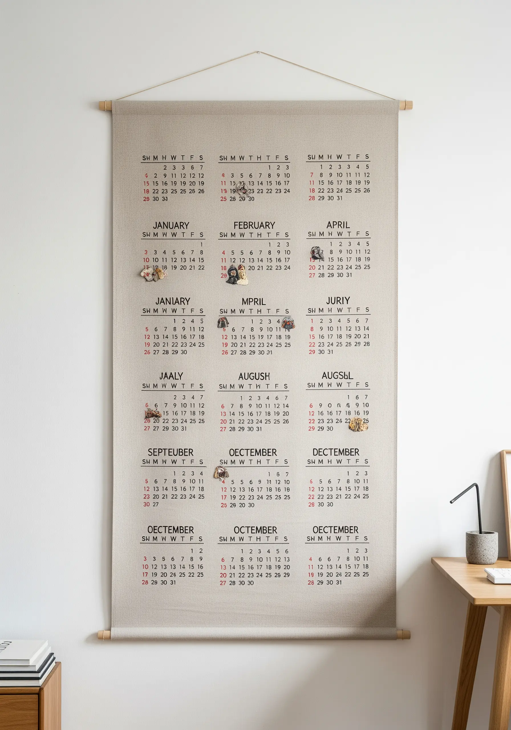 A large linen wall calendar with embroidered months, dates, and tiny seasonal motifs.