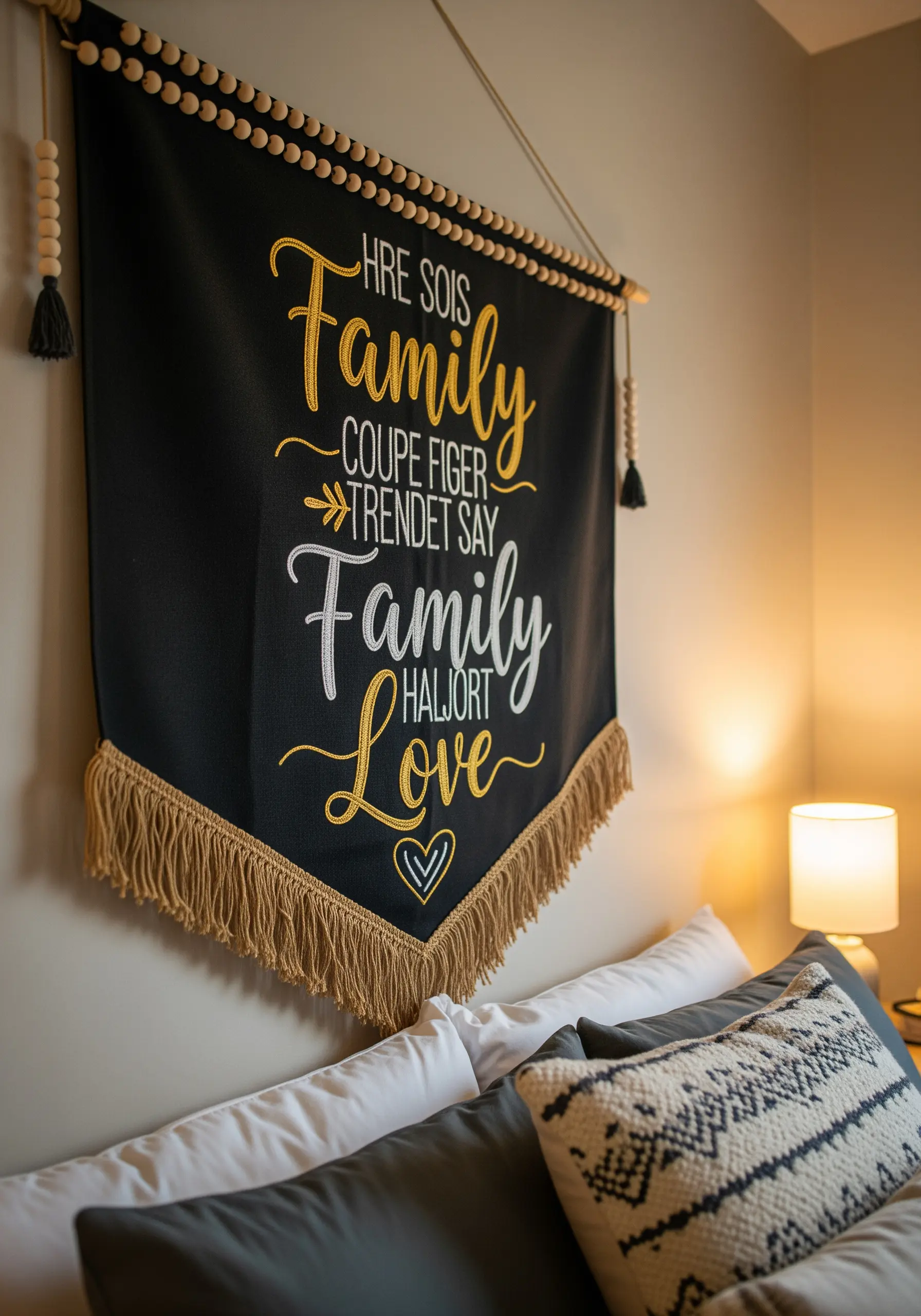Black fabric wall banner with embroidered family-themed typography and a gold fringe.