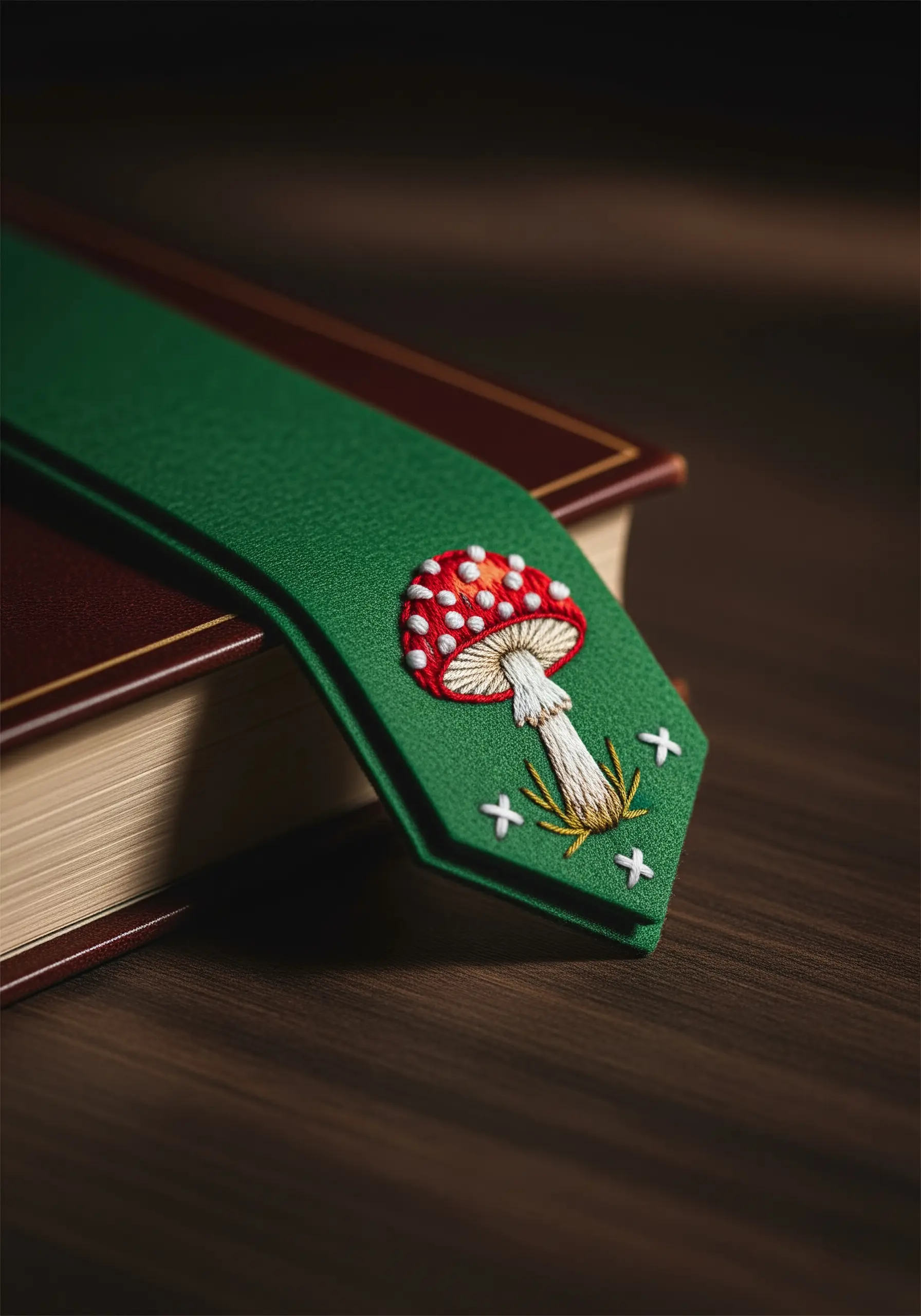 A green fabric bookmark with a detailed, hand-embroidered red-and-white toadstool mushroom.