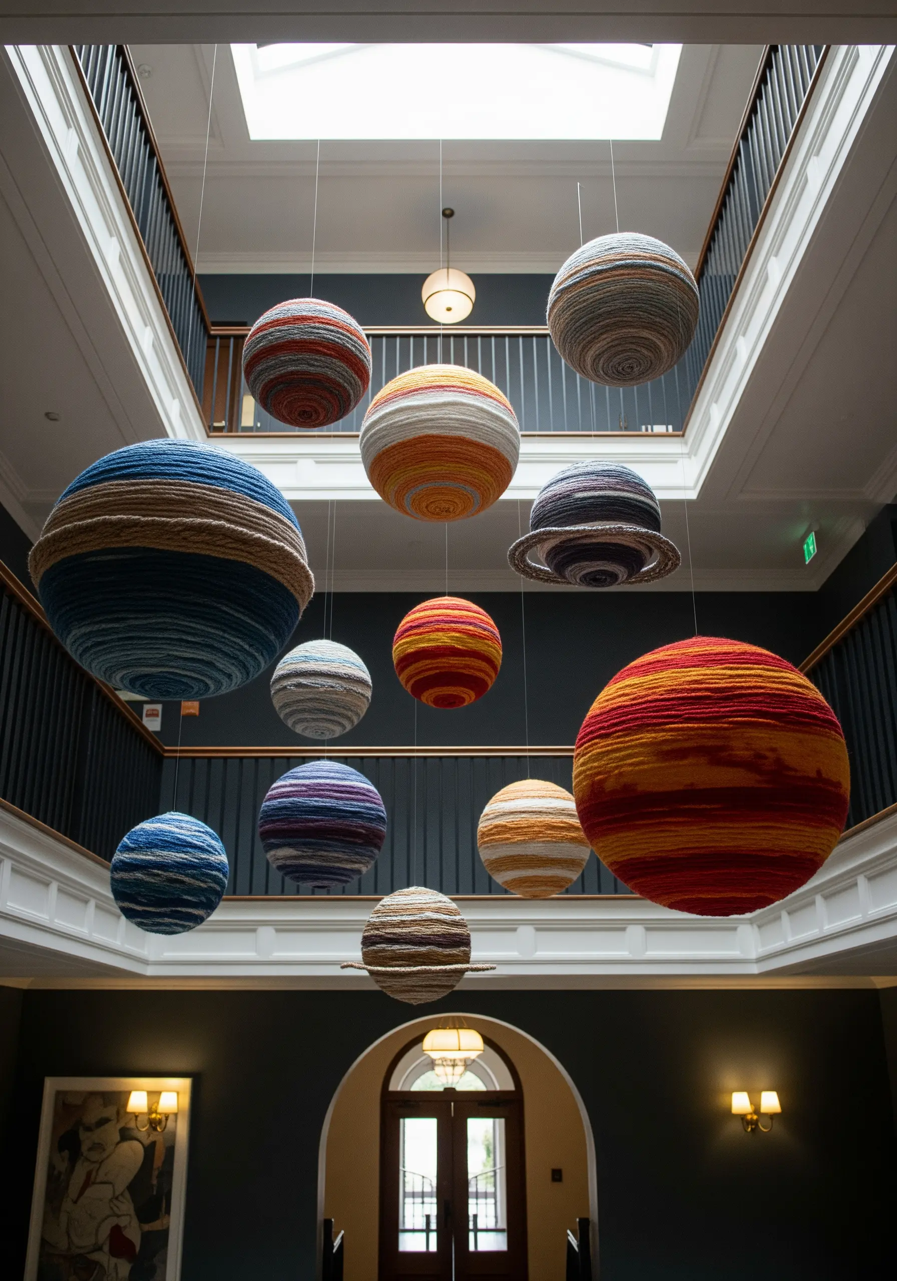 A collection of yarn-wrapped spheres resembling planets hanging in a multi-level atrium.