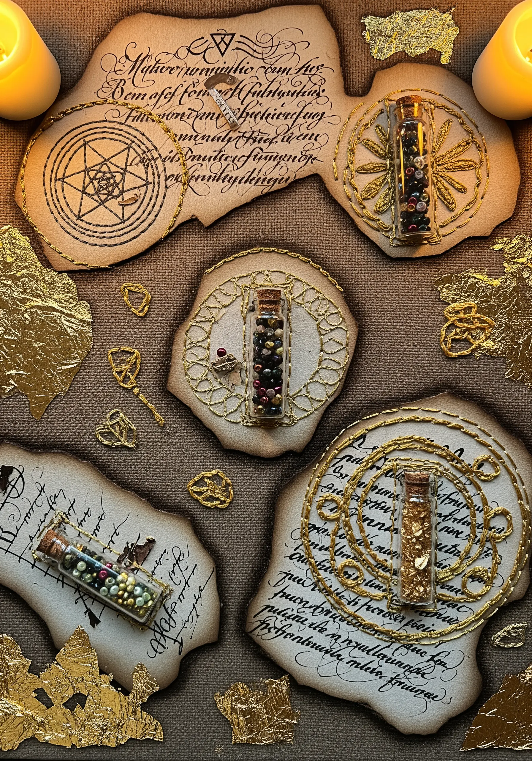 A collage of aged paper scrolls, tiny vials of beads, and gold thread embroidery.