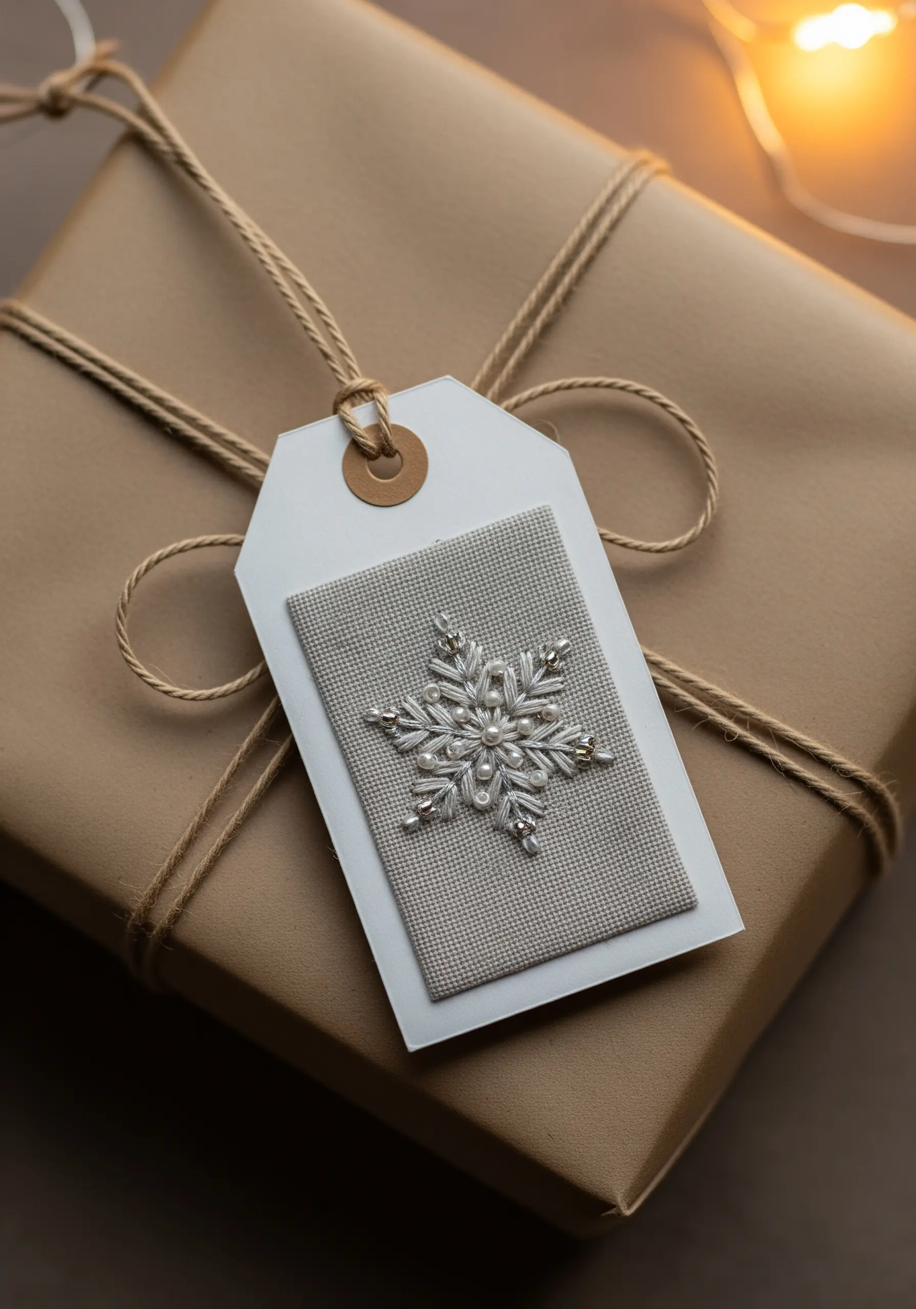 A gift tag decorated with a hand-embroidered snowflake embellished with silver beads and pearls.