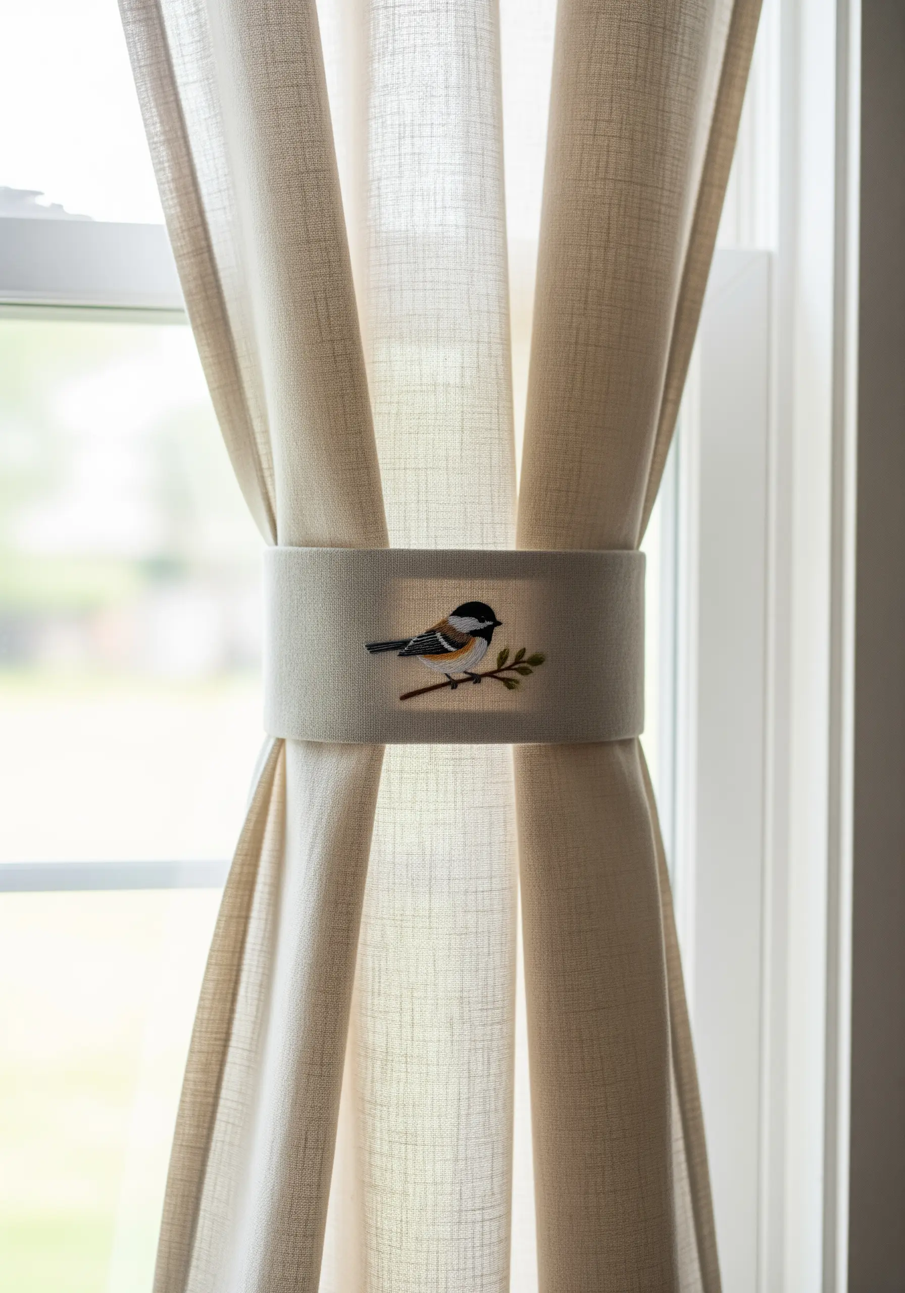 An embroidered chickadee on a branch, stitched onto a linen curtain tie-back.