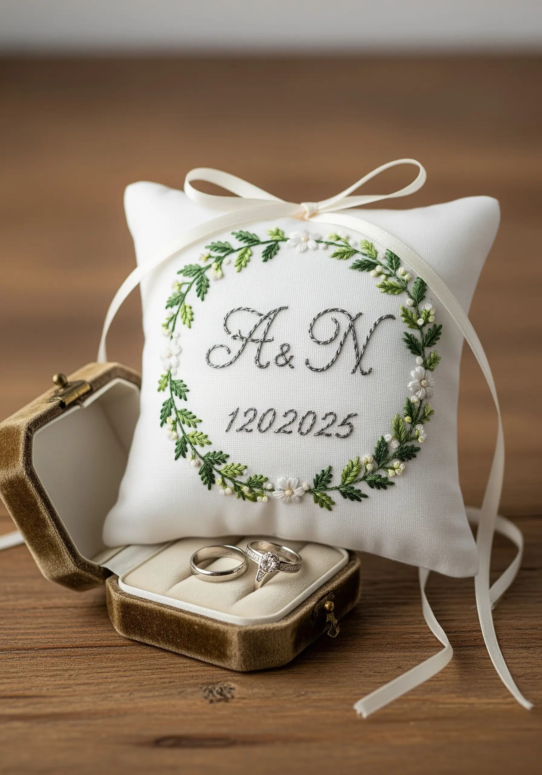 A white ring bearer pillow with embroidered initials inside a delicate green leaf wreath.