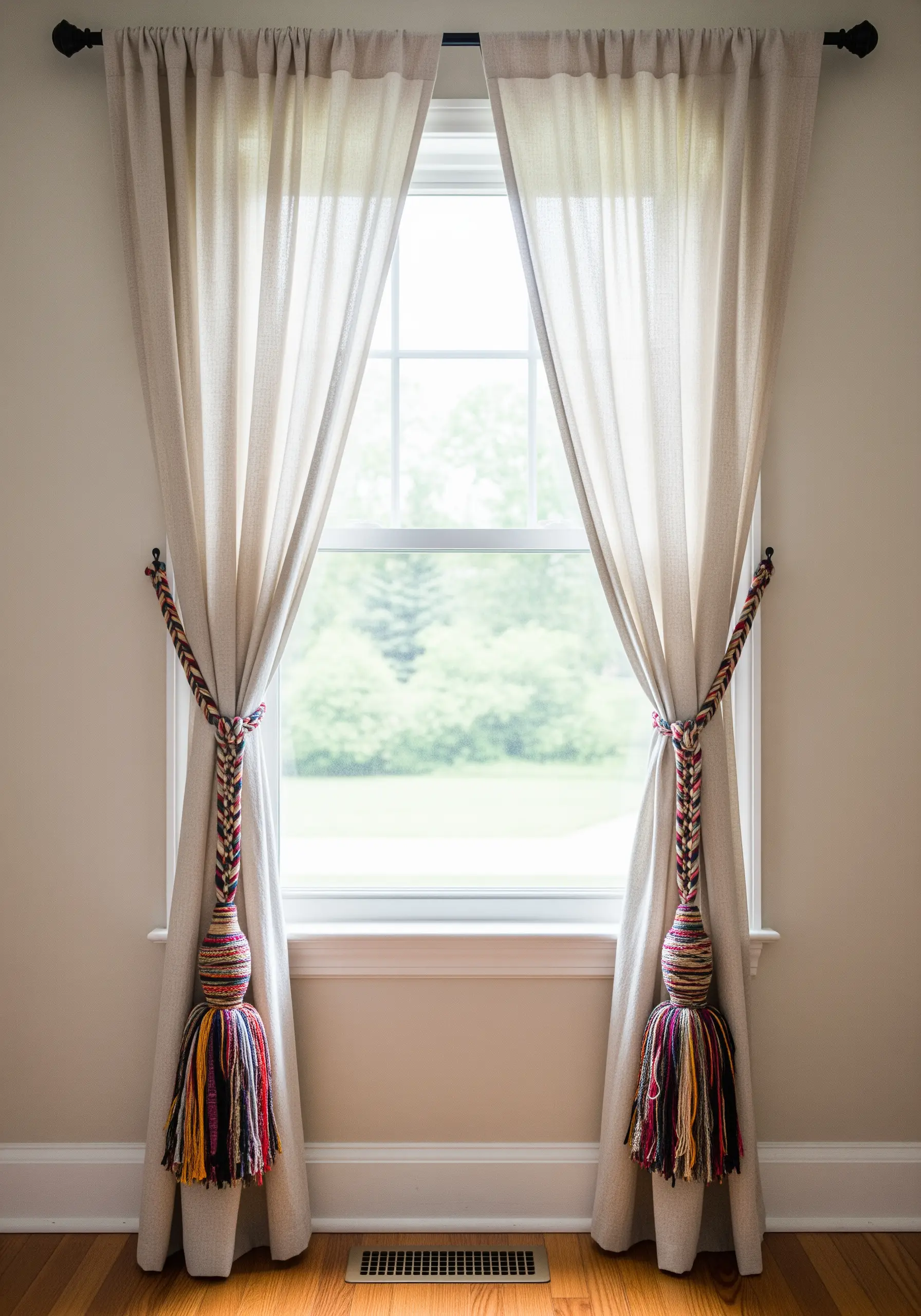 Chunky, colorful braided yarn tie-backs with large tassels holding back neutral curtains.