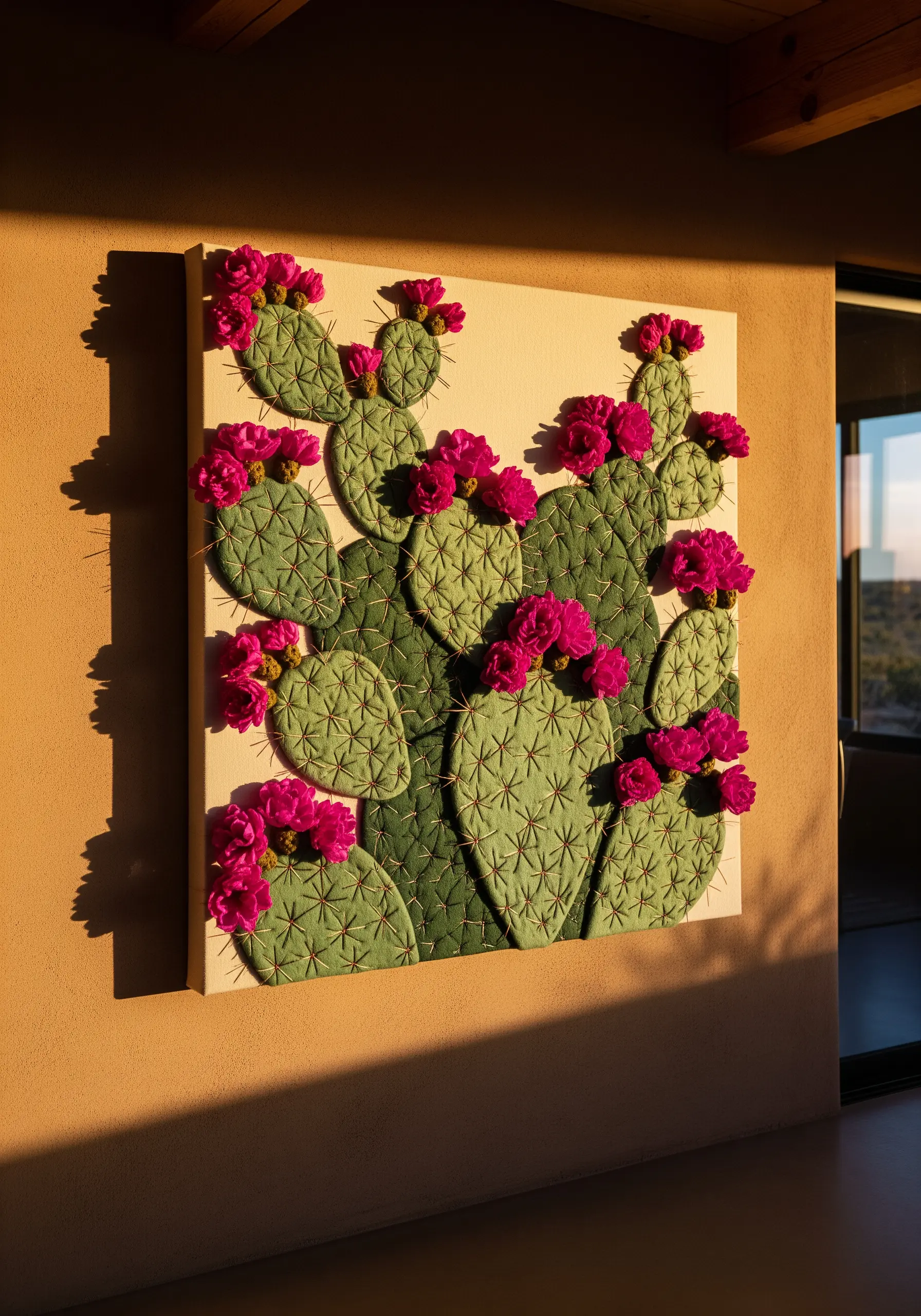 3D embroidered wall art of a prickly pear cactus with vibrant pink flowers