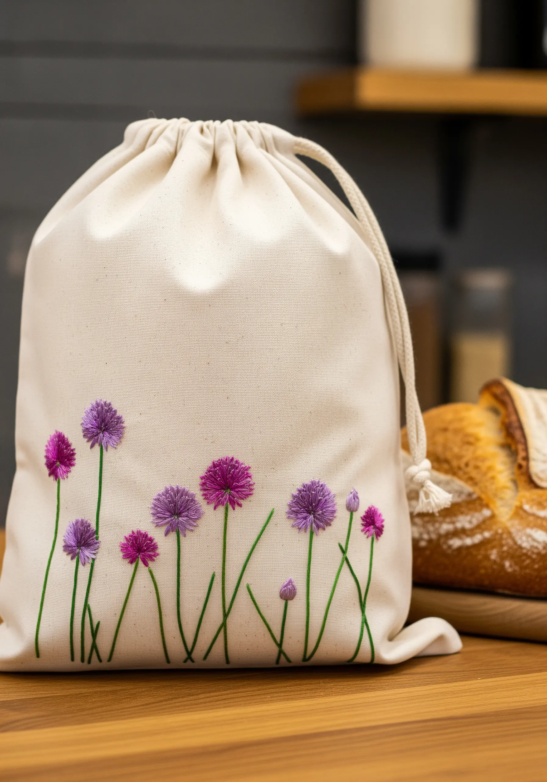 A field of purple and pink chive blossoms embroidered along the bottom of a canvas bread bag.