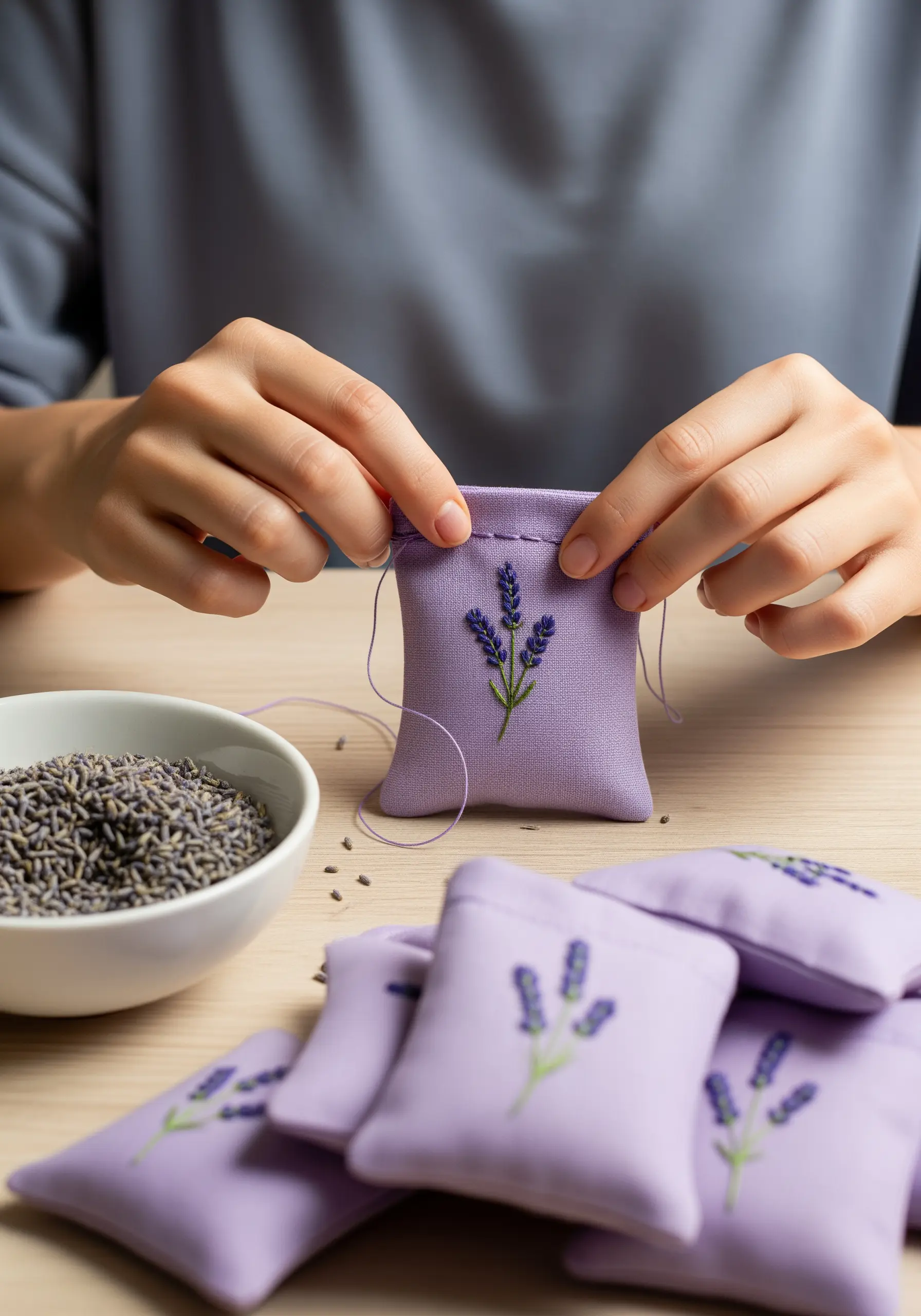 A hand finishing a small lavender sachet with embroidered lavender sprigs