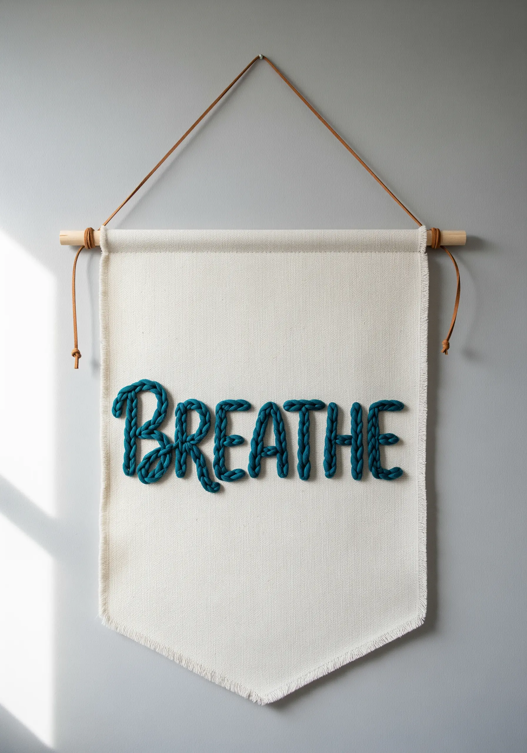 A canvas banner with the word BREATHE spelled out in teal knitted i-cord.