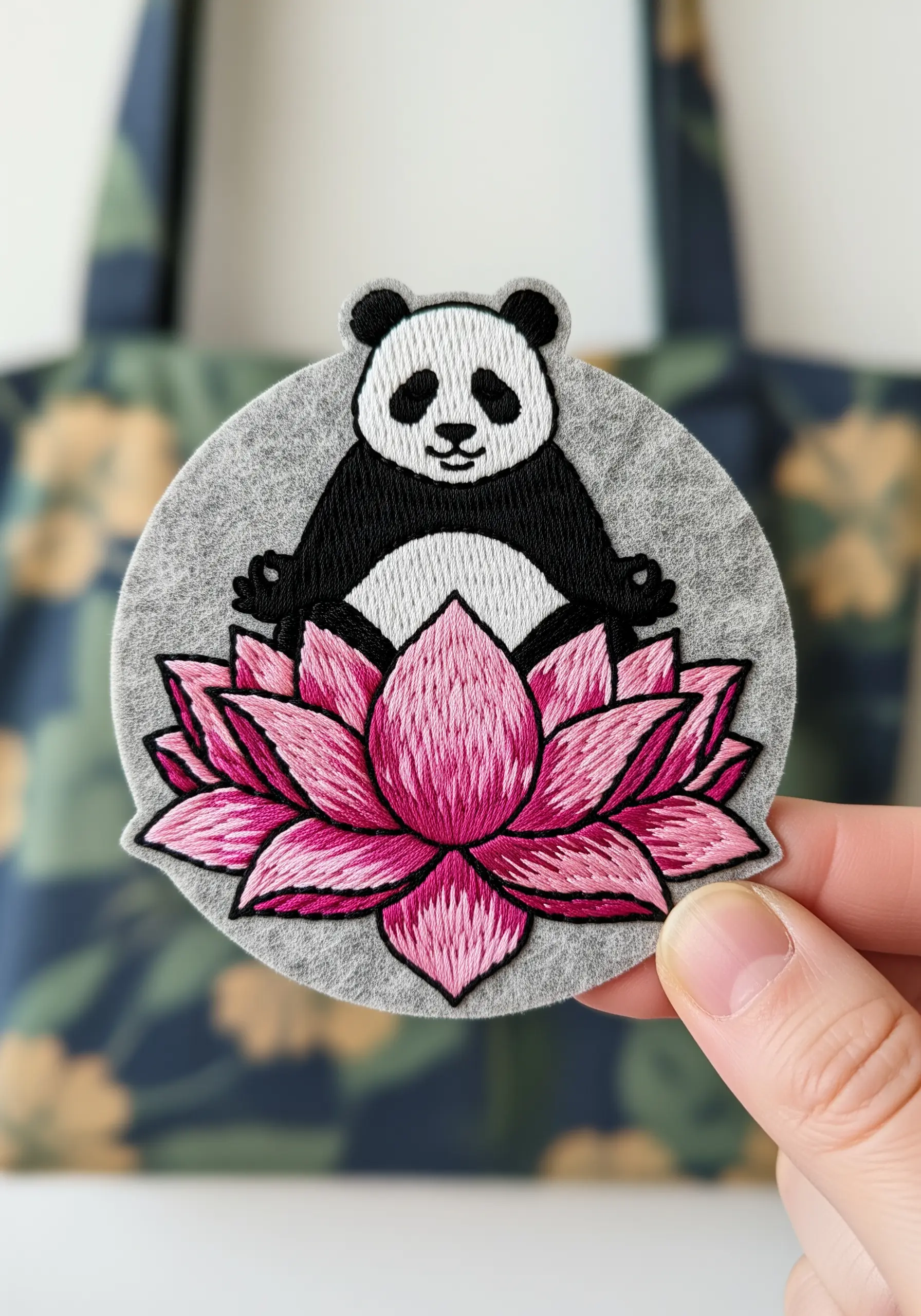 A hand holding a circular felt patch of a panda meditating on a pink lotus flower.