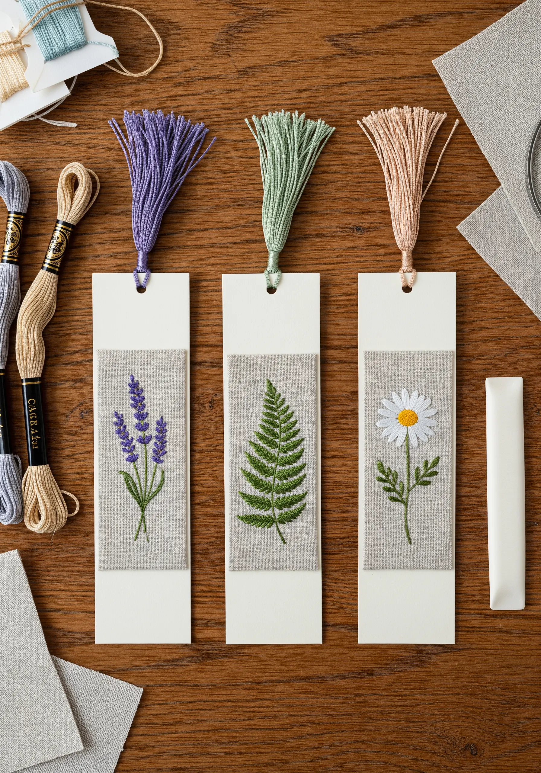 Three embroidered bookmarks with lavender, a fern, and a daisy design.