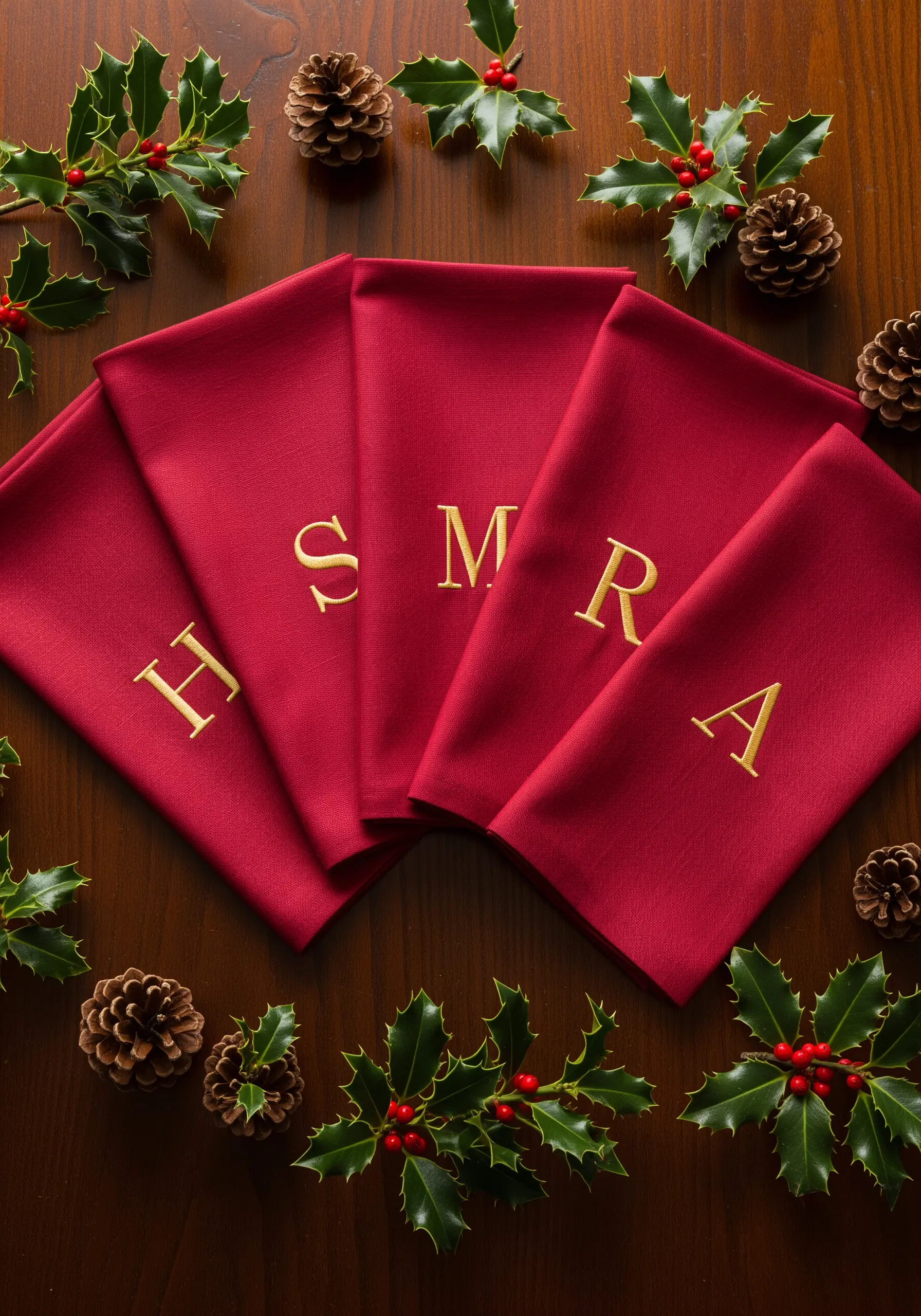 Deep red holiday napkins, each embroidered with a single initial in elegant gold thread.