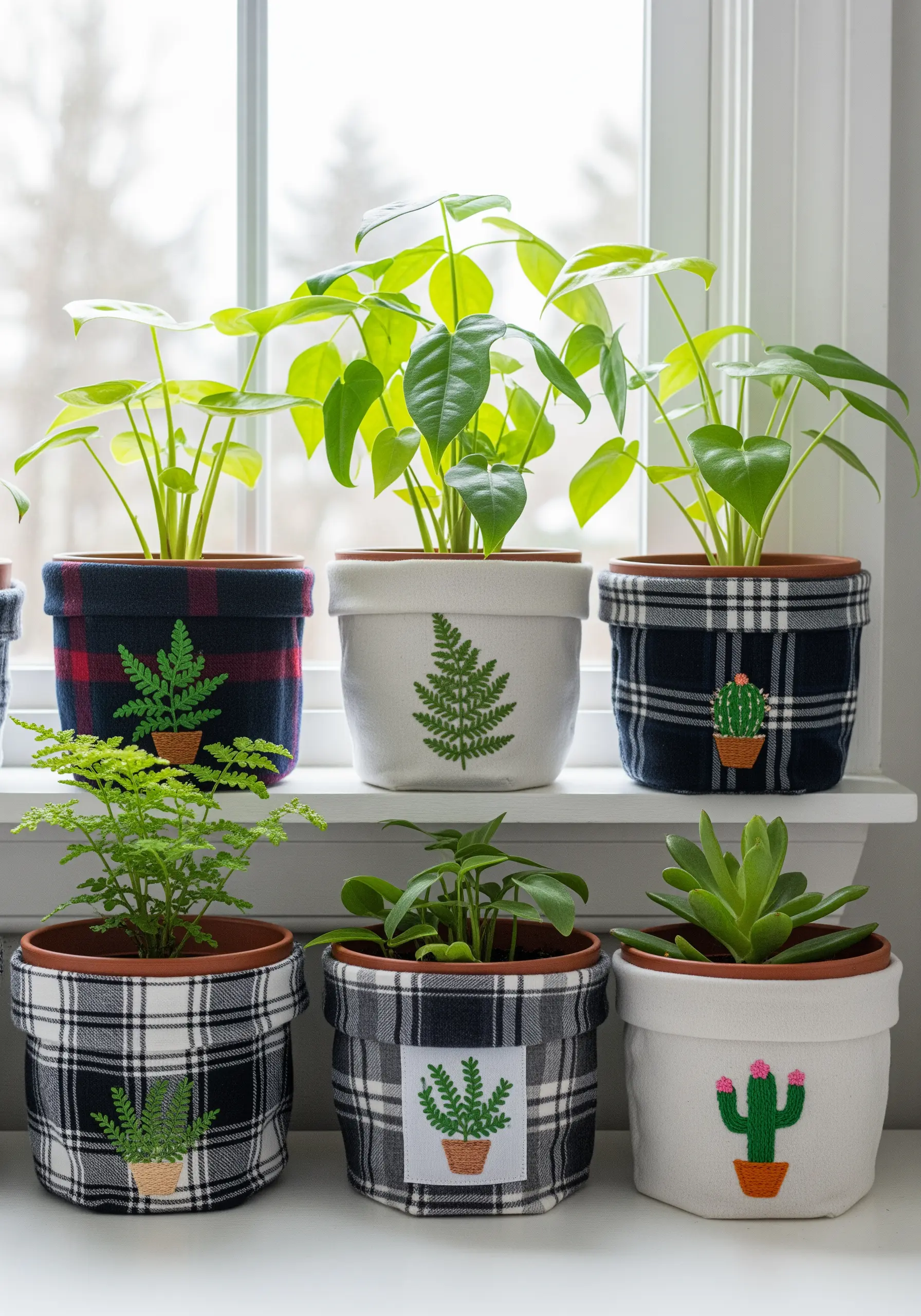 A collection of plant pots covered in plaid and plain fabric with small embroidered plants.