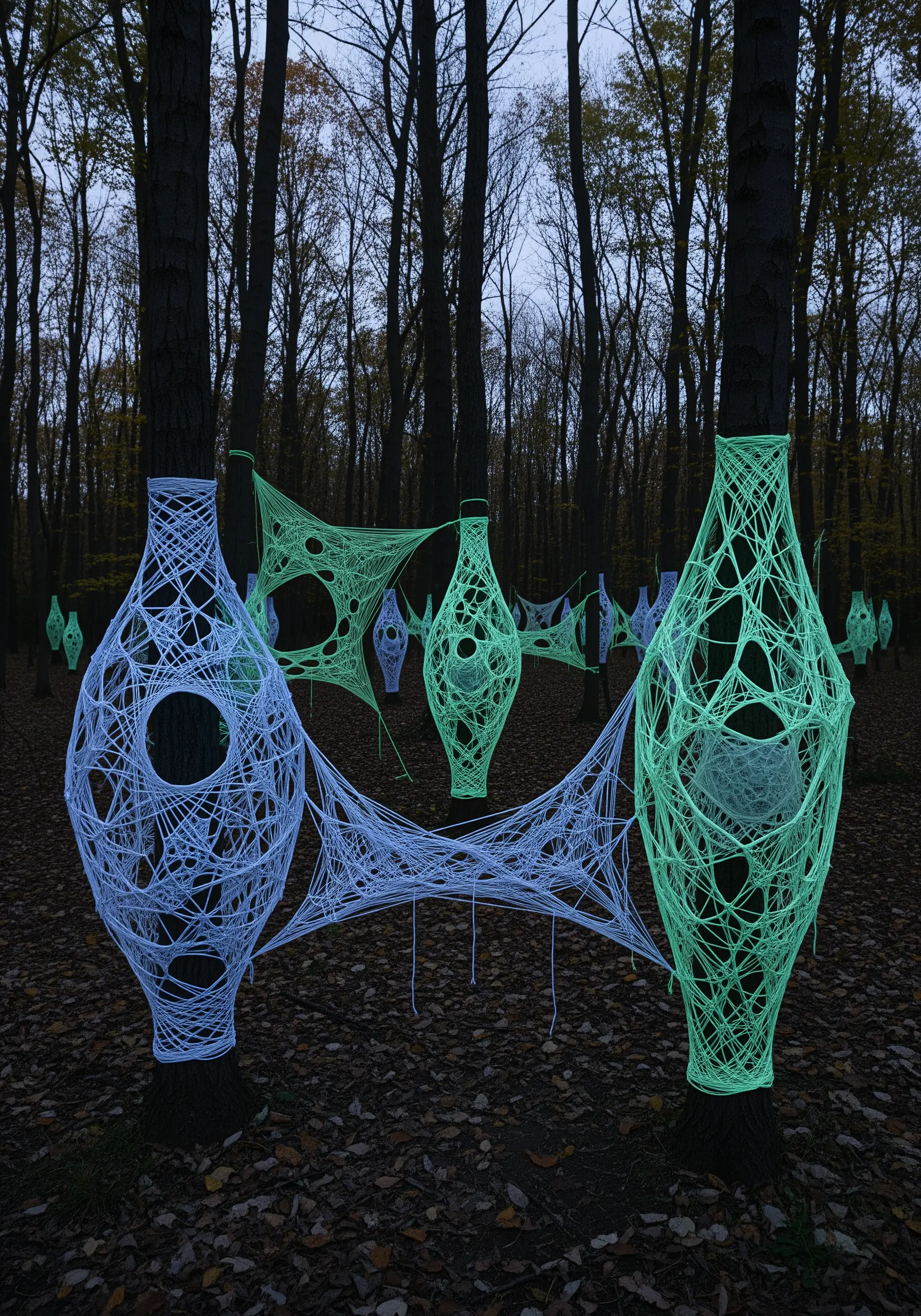 Hollow, vase-shaped sculptures made from glowing green and blue thread, suspended between trees at dusk.