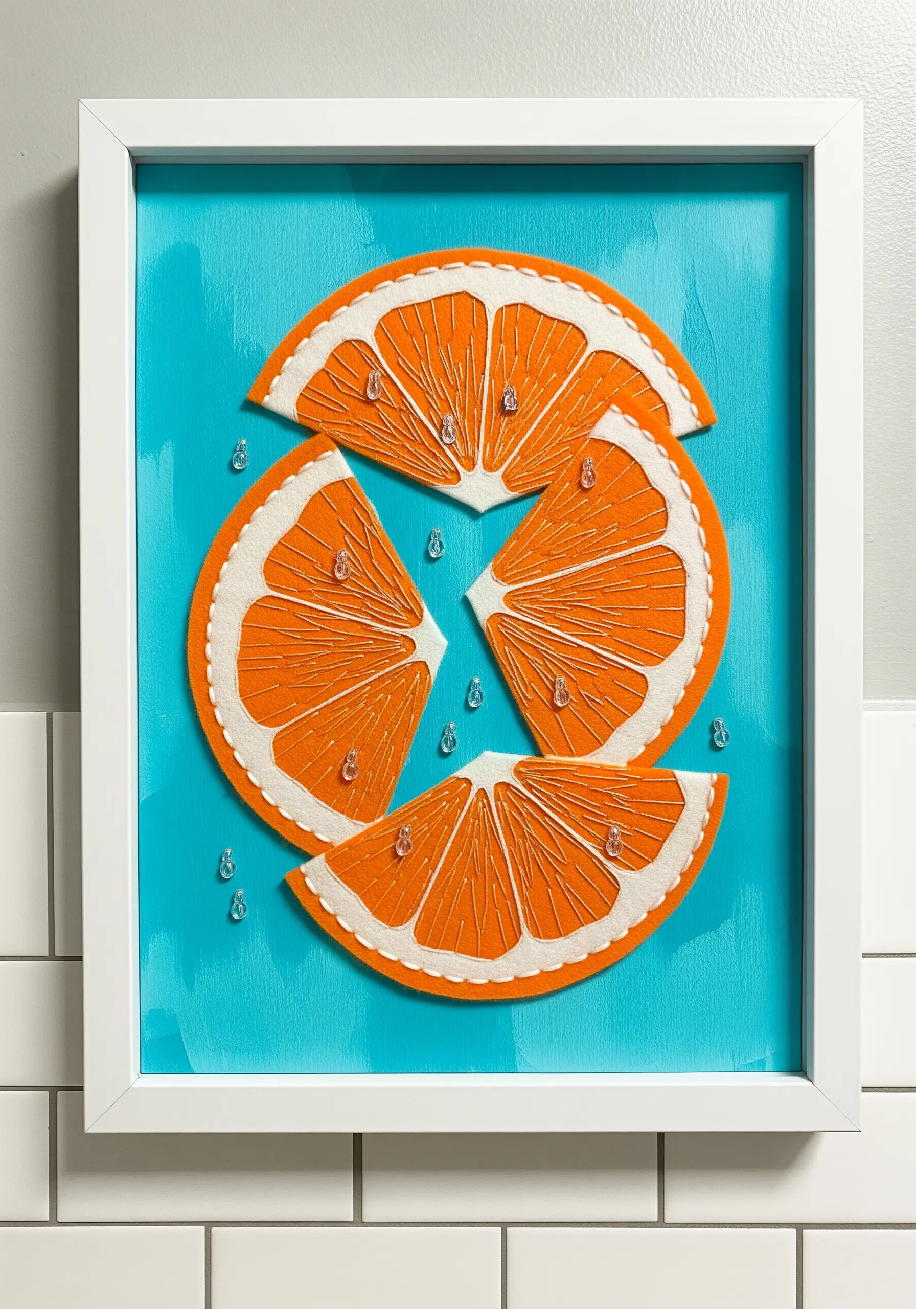 Felt orange slices with embroidered segments and clear beads on a bright blue background.