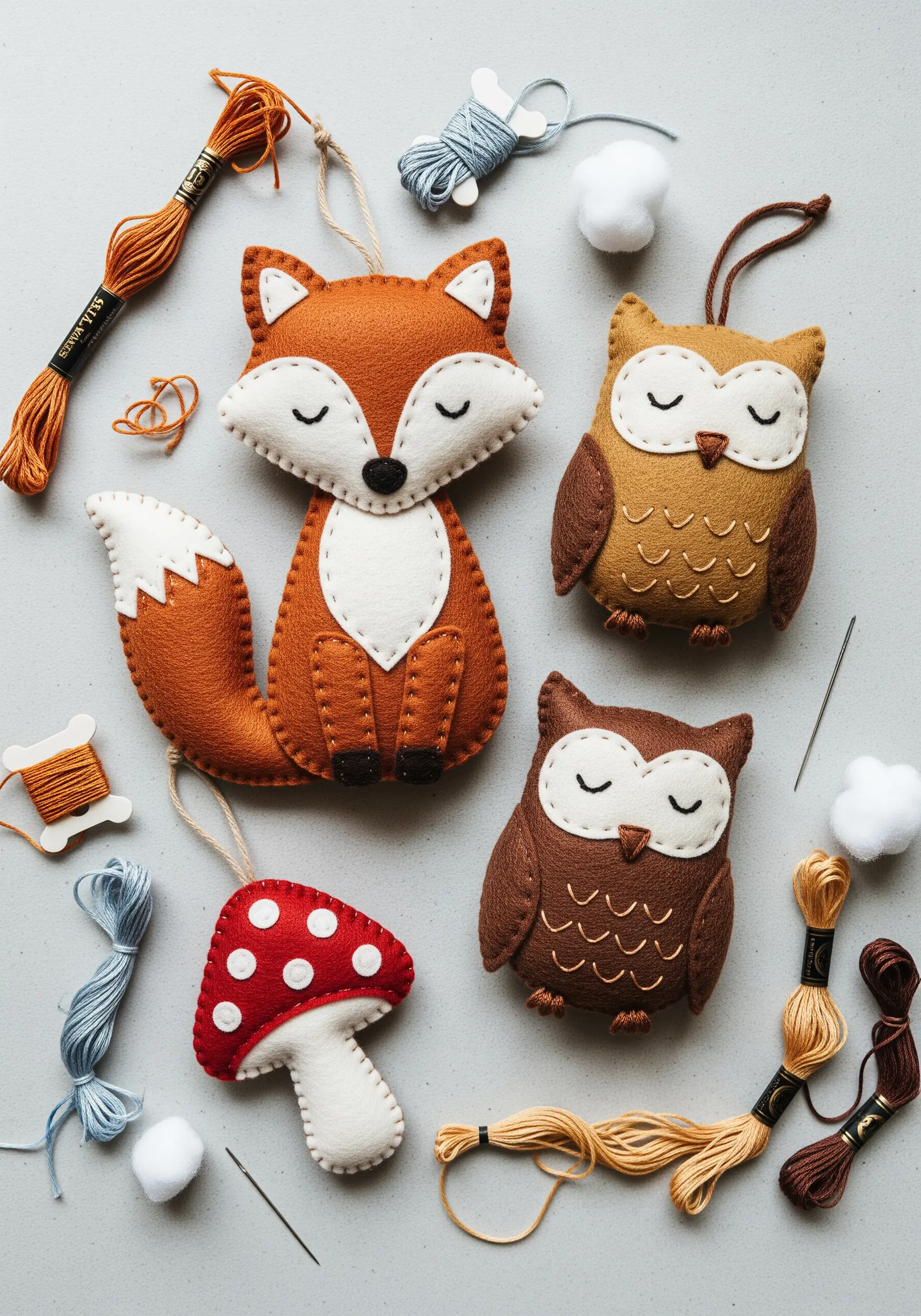 Hand-stitched felt ornaments of a fox, owls, and a mushroom.