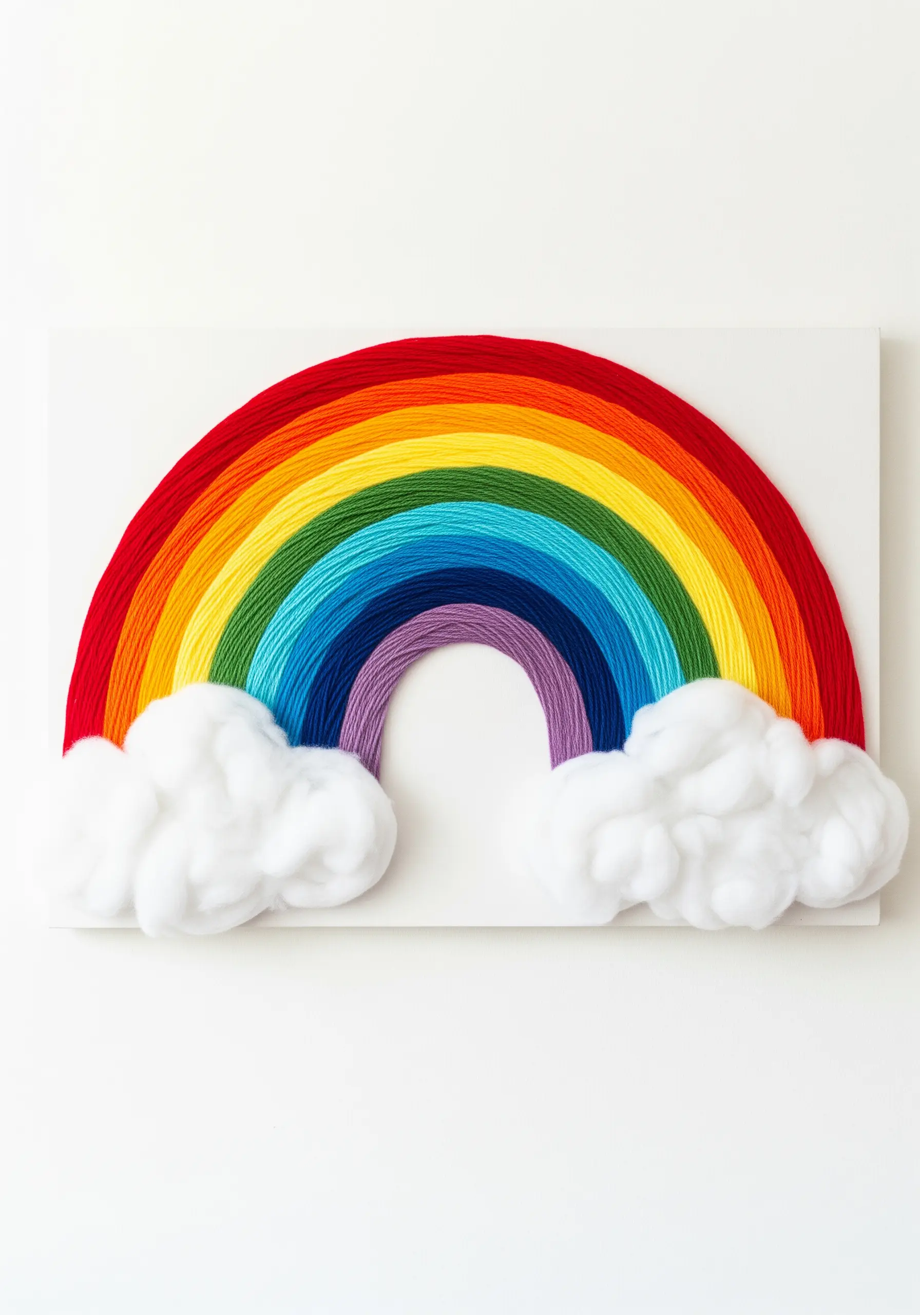 A vibrant embroidered rainbow with fluffy, three-dimensional clouds made from white wool roving.