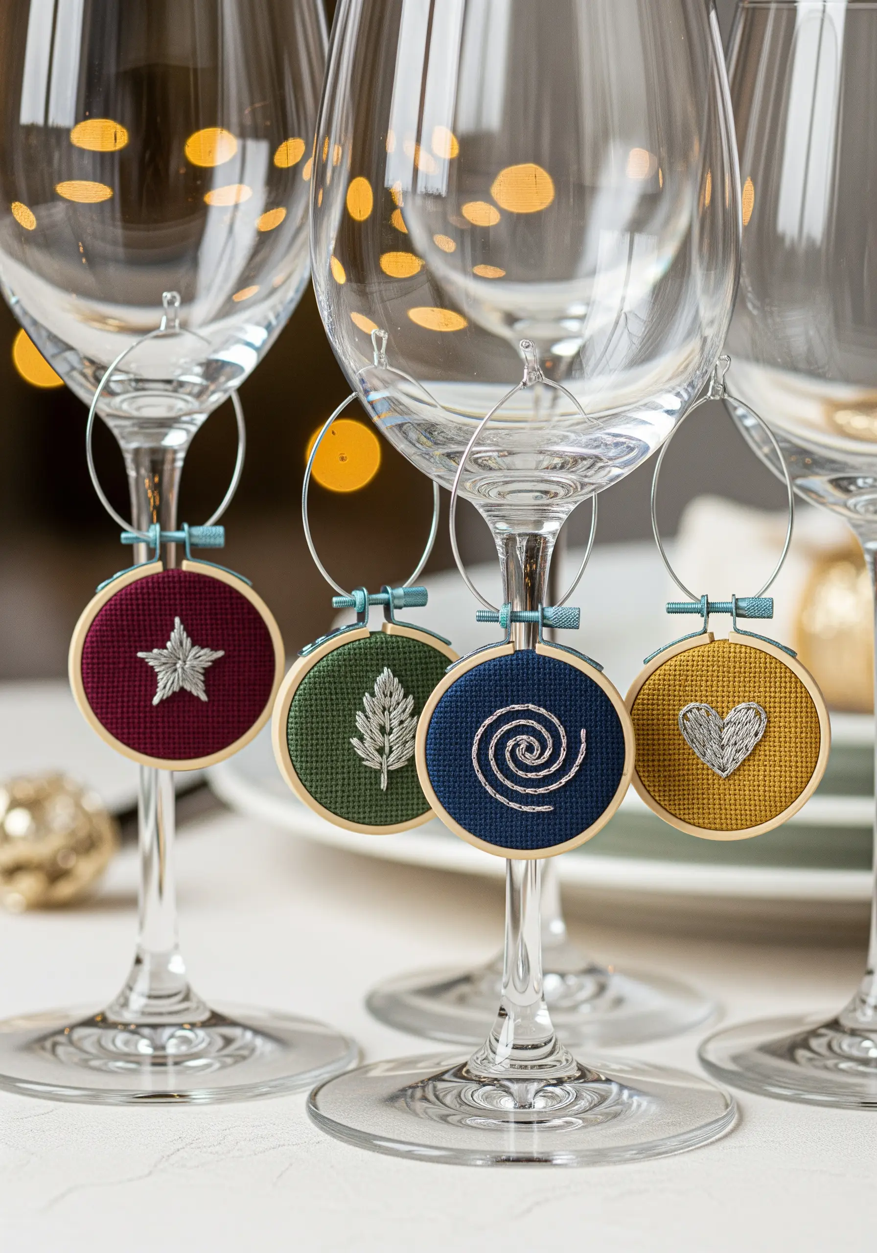 A set of four miniature embroidery hoop wine charms with simple silver motifs on colorful fabric.