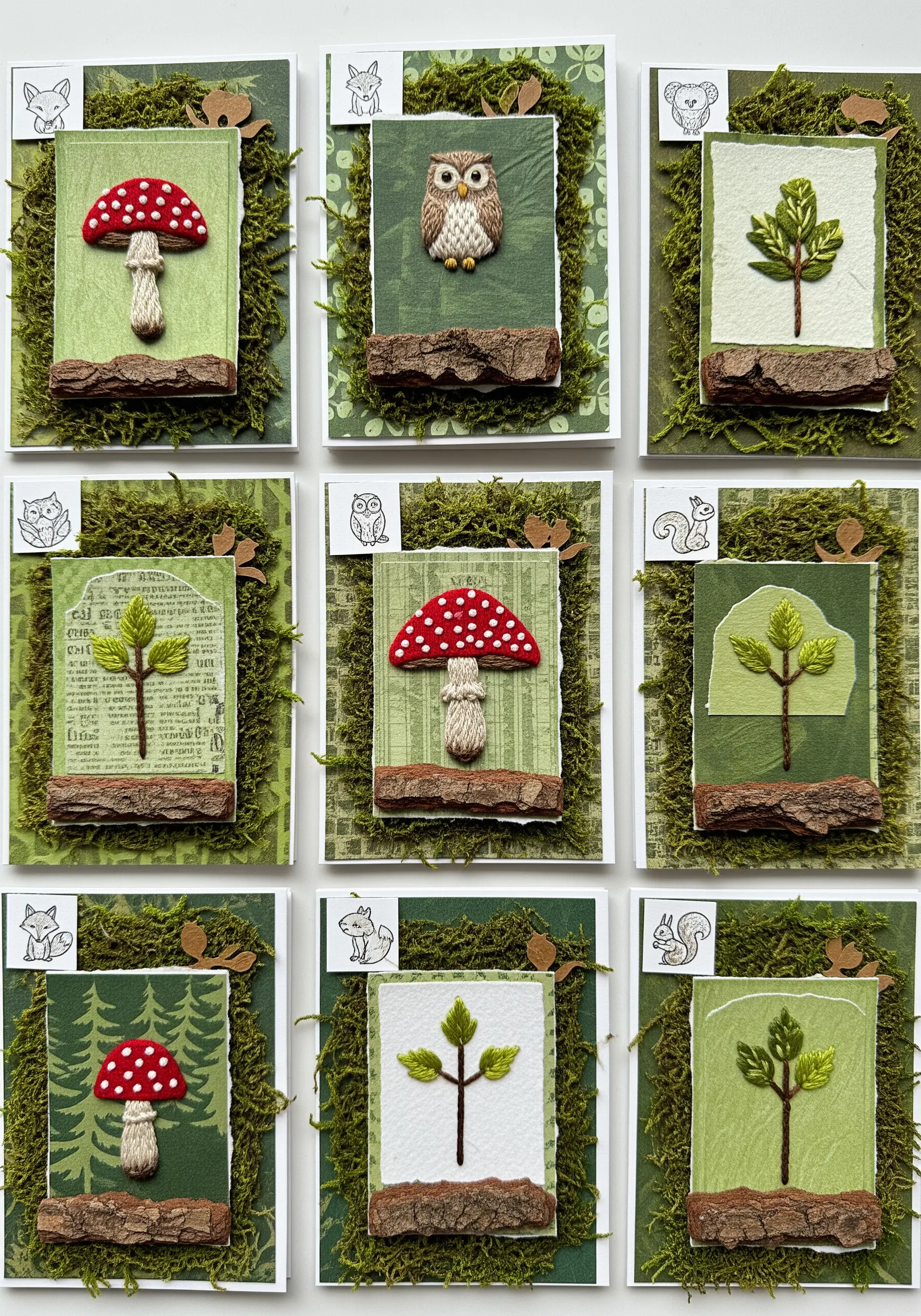 A grid of nine woodland-themed cards featuring 3D embroidered mushrooms and leaves.