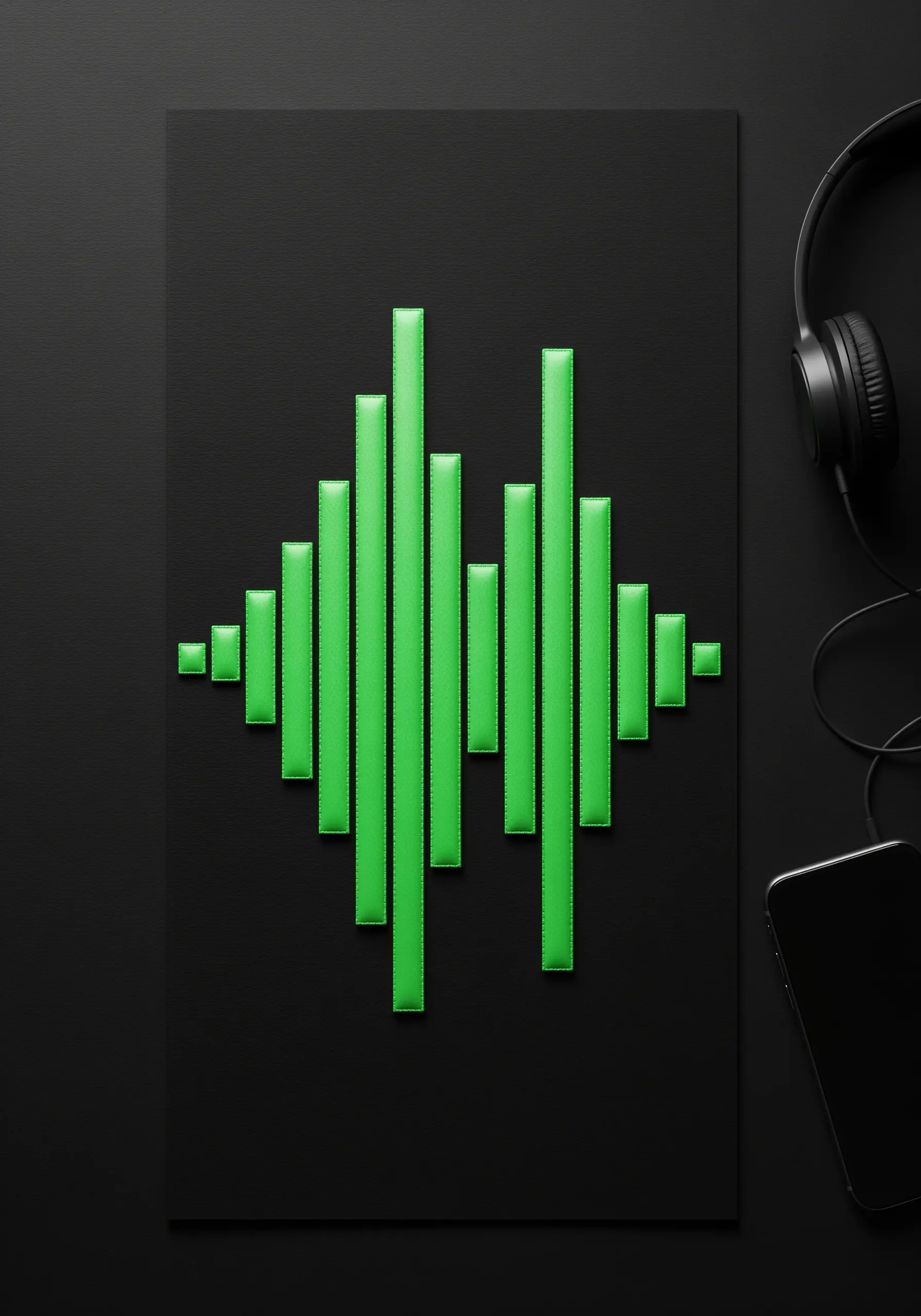 A green soundwave design created with 3D padded satin stitch on black paper.