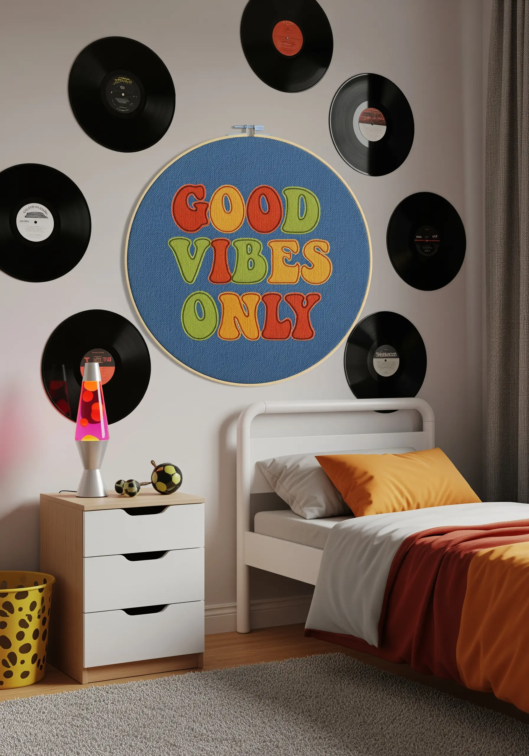 A retro-themed quote with rounded, 3D-effect bubble letters in orange, yellow, and green.