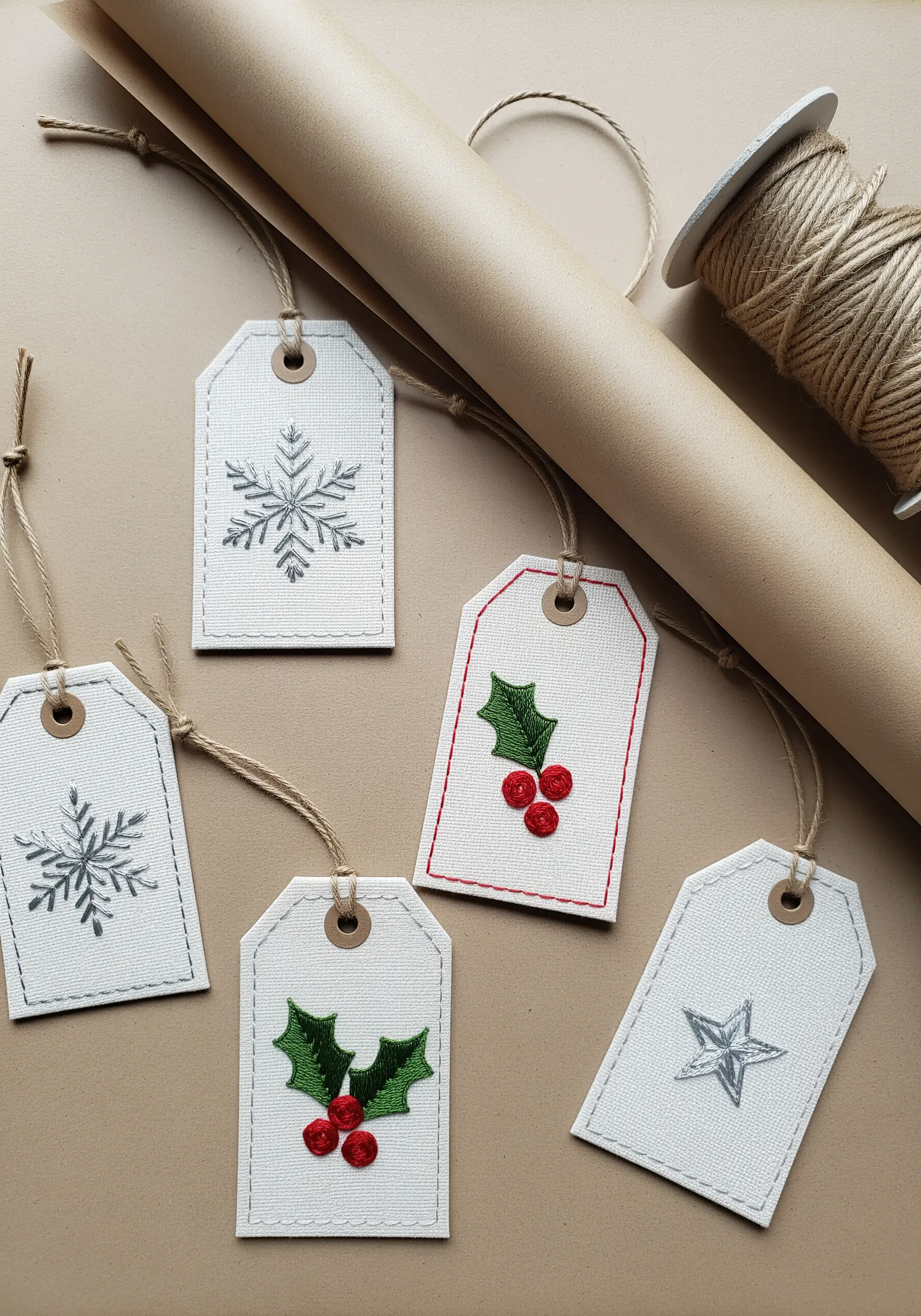 Handmade paper gift tags decorated with simple embroidered snowflake and holly motifs.