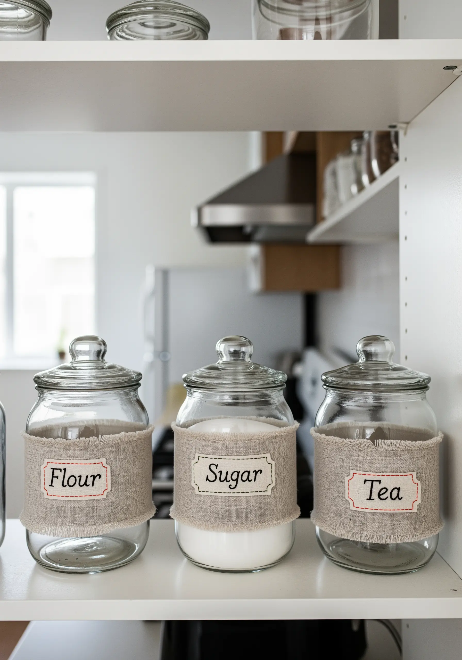 Glass pantry jars with hand-stitched linen labels for flour, sugar, and tea.