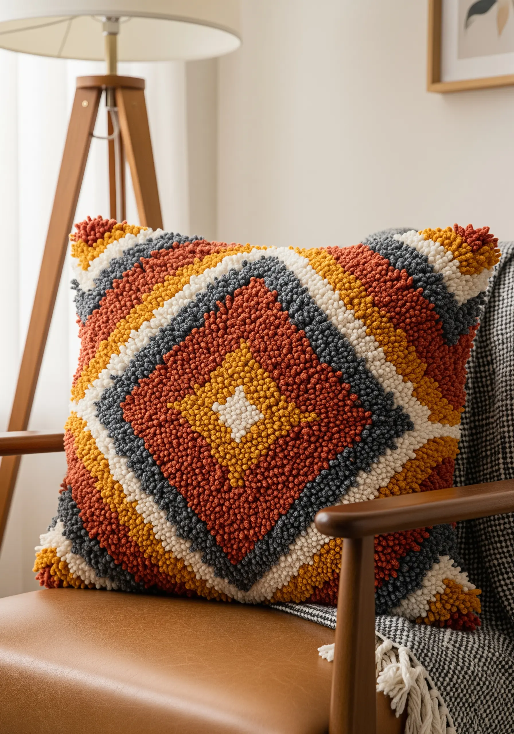 A square punch needle cushion with a geometric diamond pattern in warm, earthy tones.