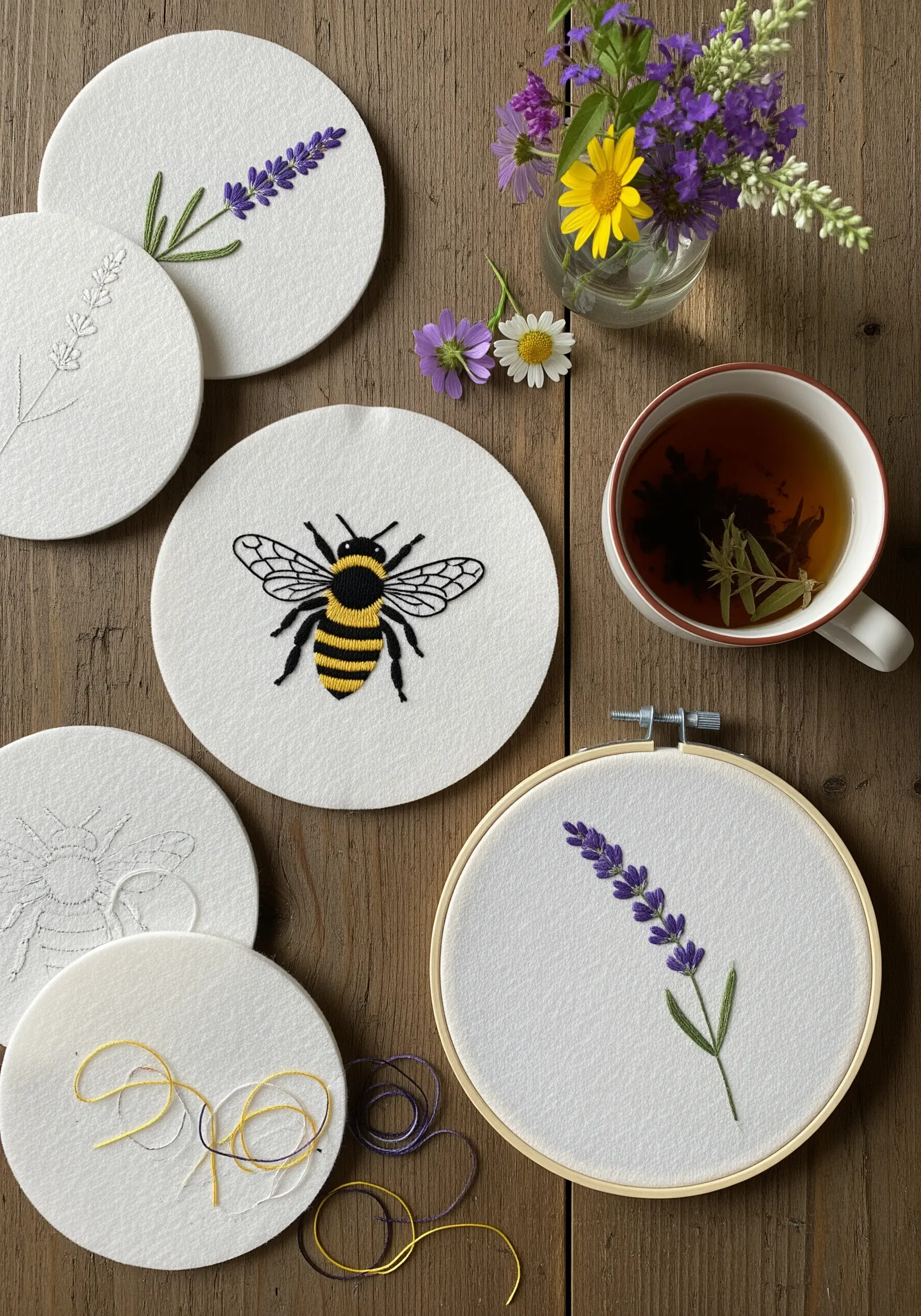 Hand-embroidered felt coasters with lavender and bee motifs next to a cup of tea.
