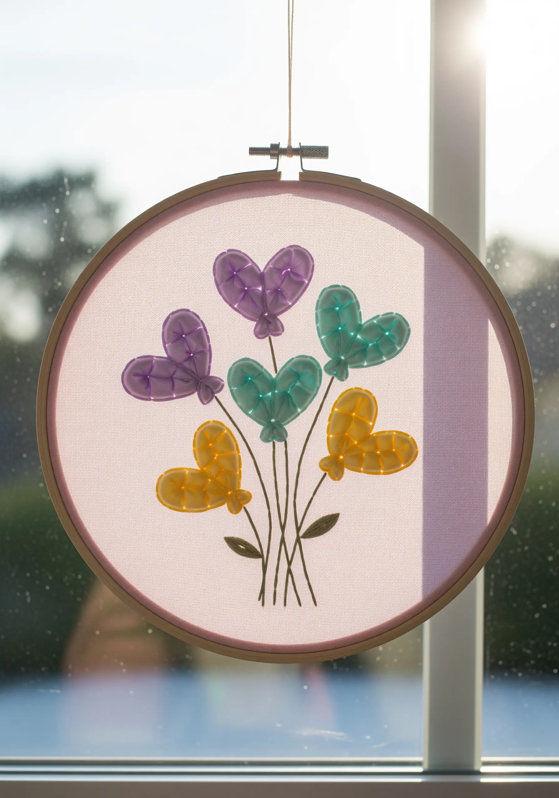 Heart-shaped balloon flowers made with translucent appliqué and embroidery.