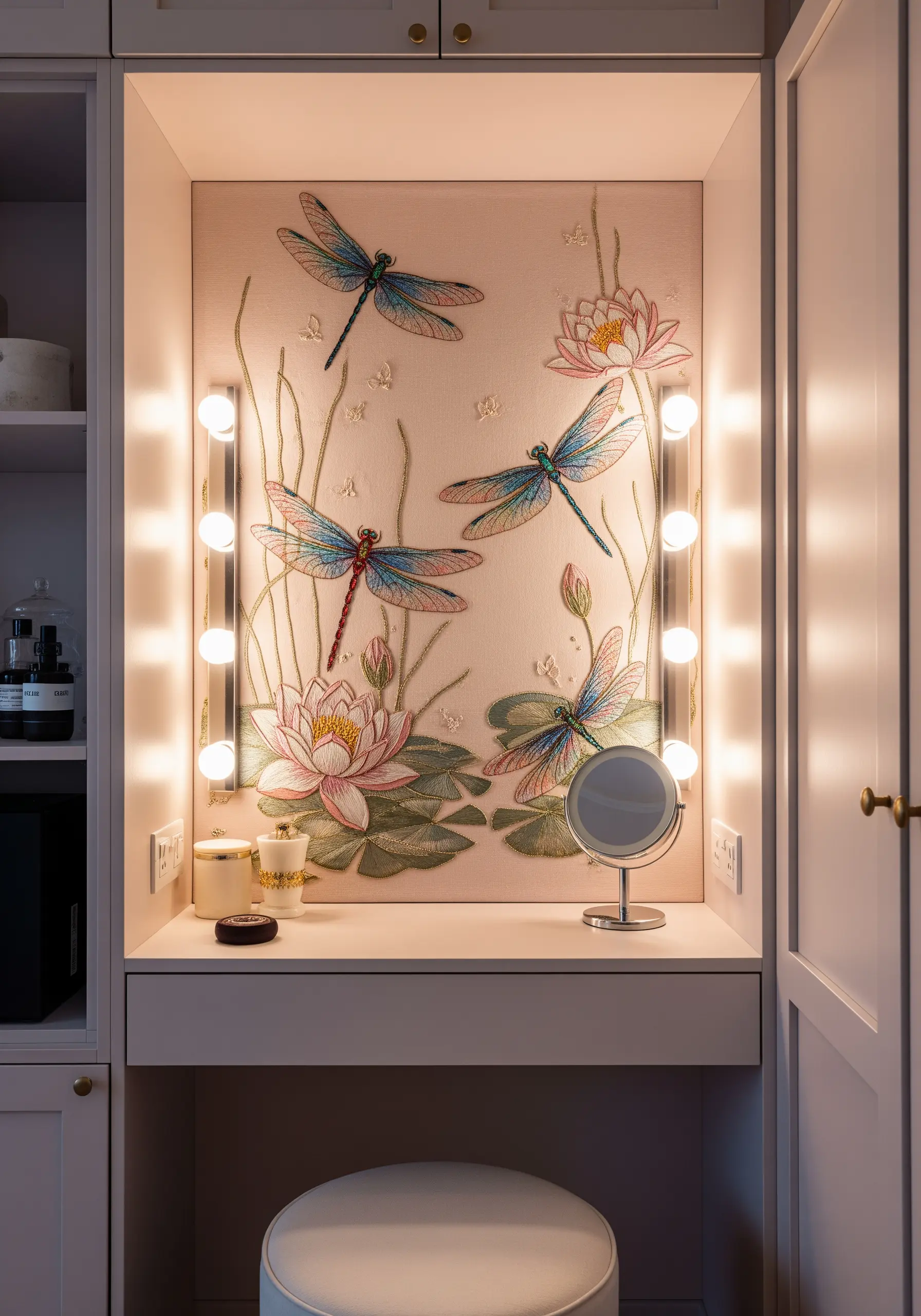 Delicate embroidery of dragonflies and water lilies in a softly lit vanity niche.