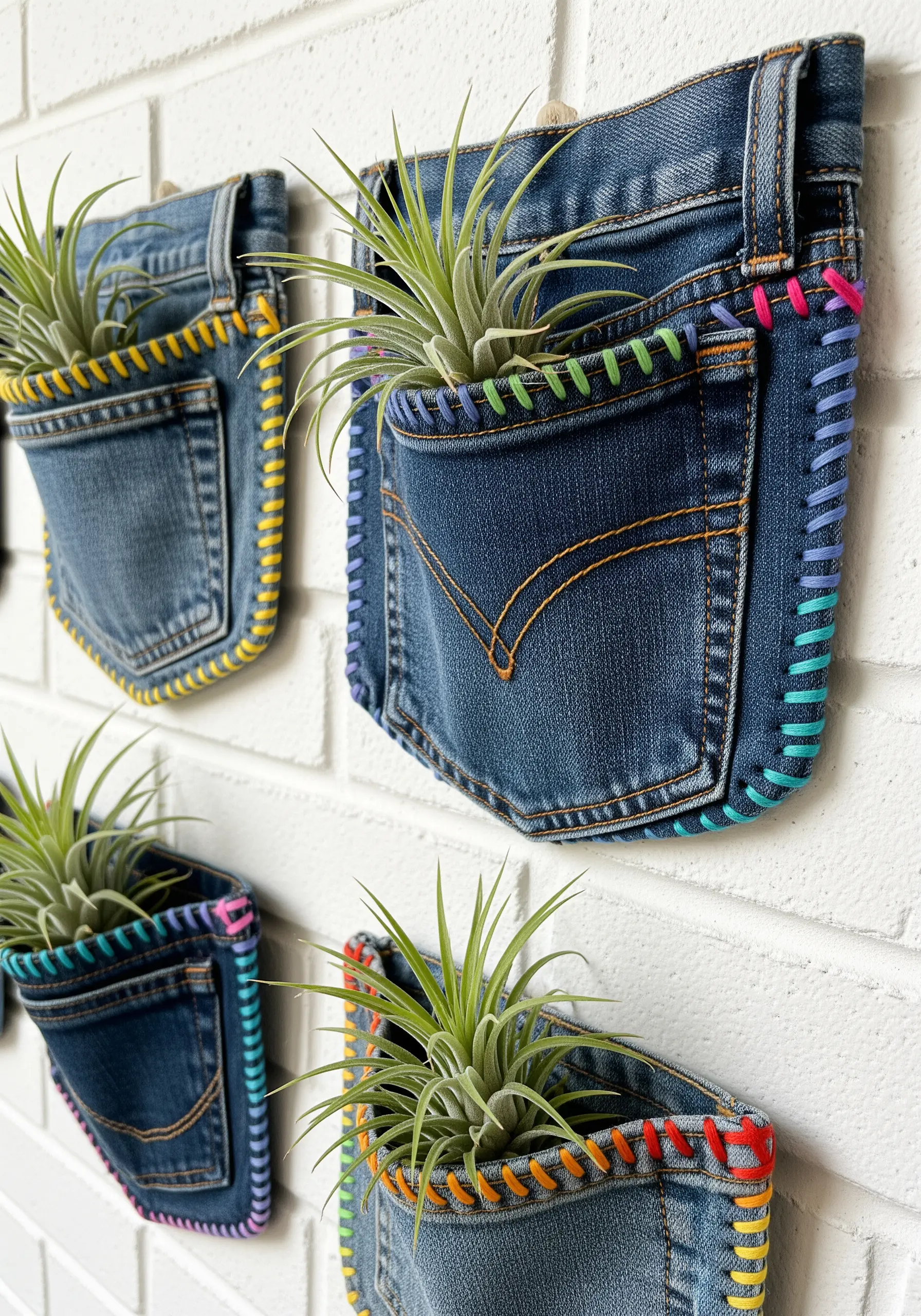 Denim back pockets repurposed as wall planters, edged with colorful blanket stitch.