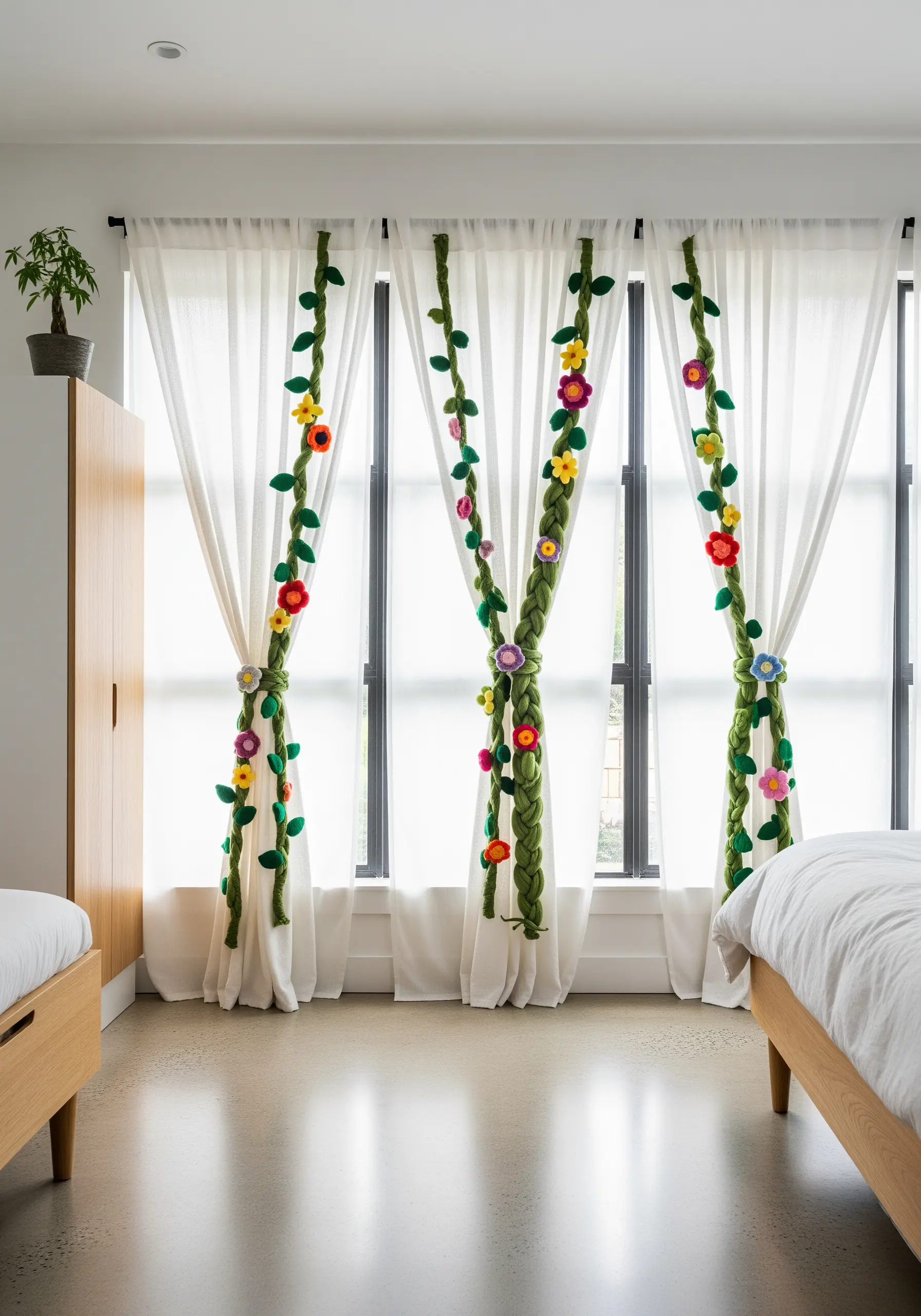 Long, green, poseable knitted vines with colorful flowers used as curtain tie-backs.