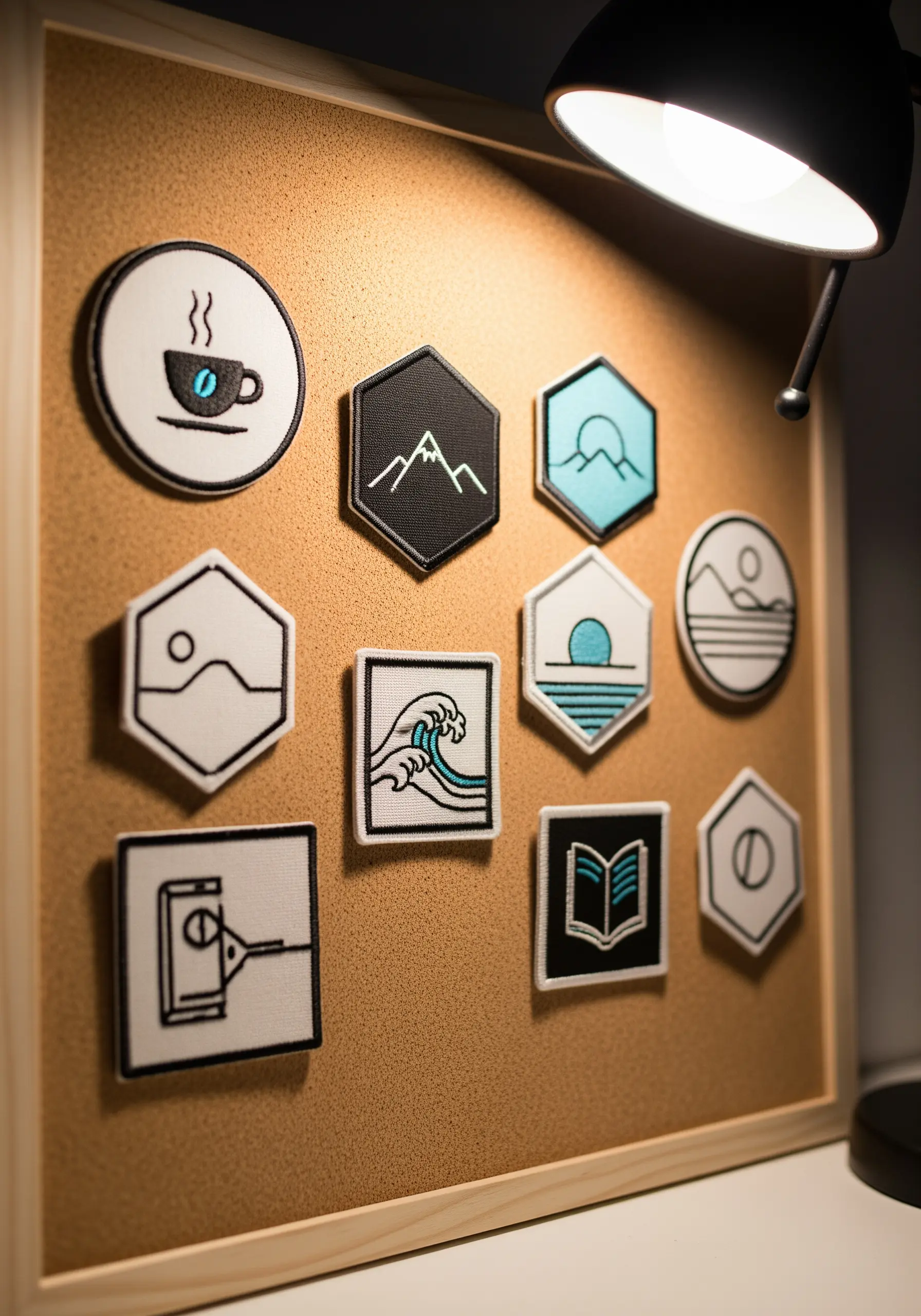 A collection of small, custom-embroidered patches with black satin stitch borders.