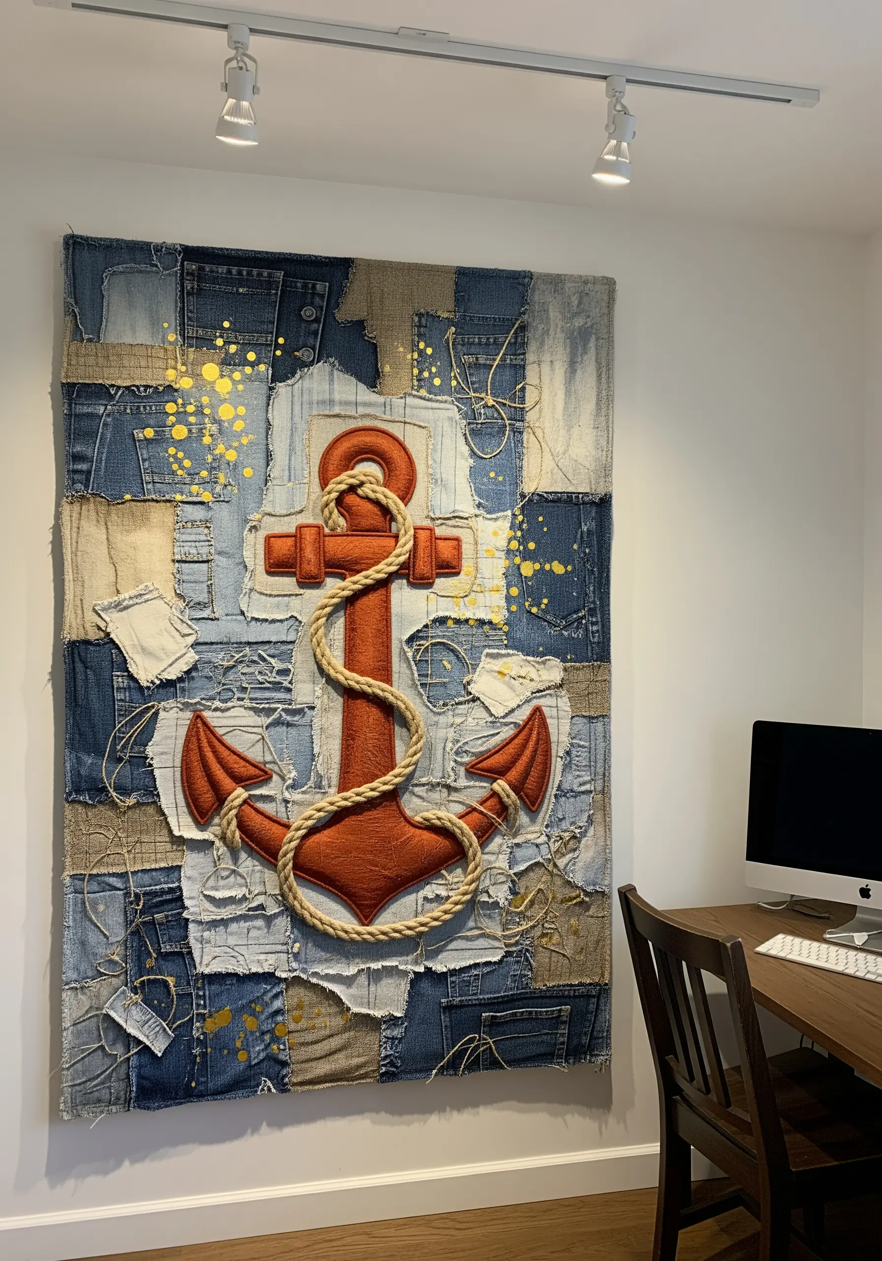 A mixed-media wall hanging with a raised embroidery anchor on a background of patched denim.