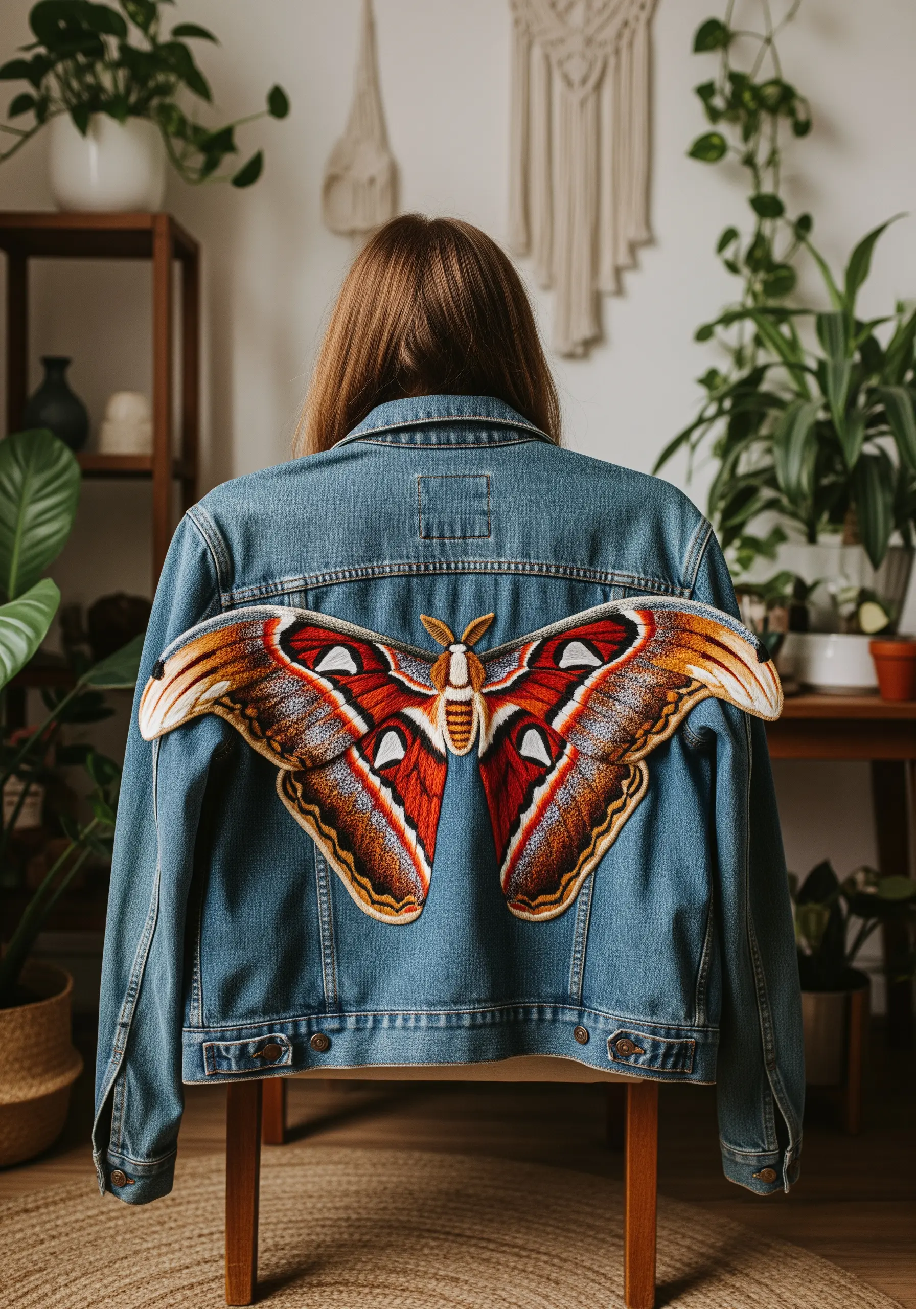 A large, embroidered Atlas moth patch sewn onto the back of a denim jacket.