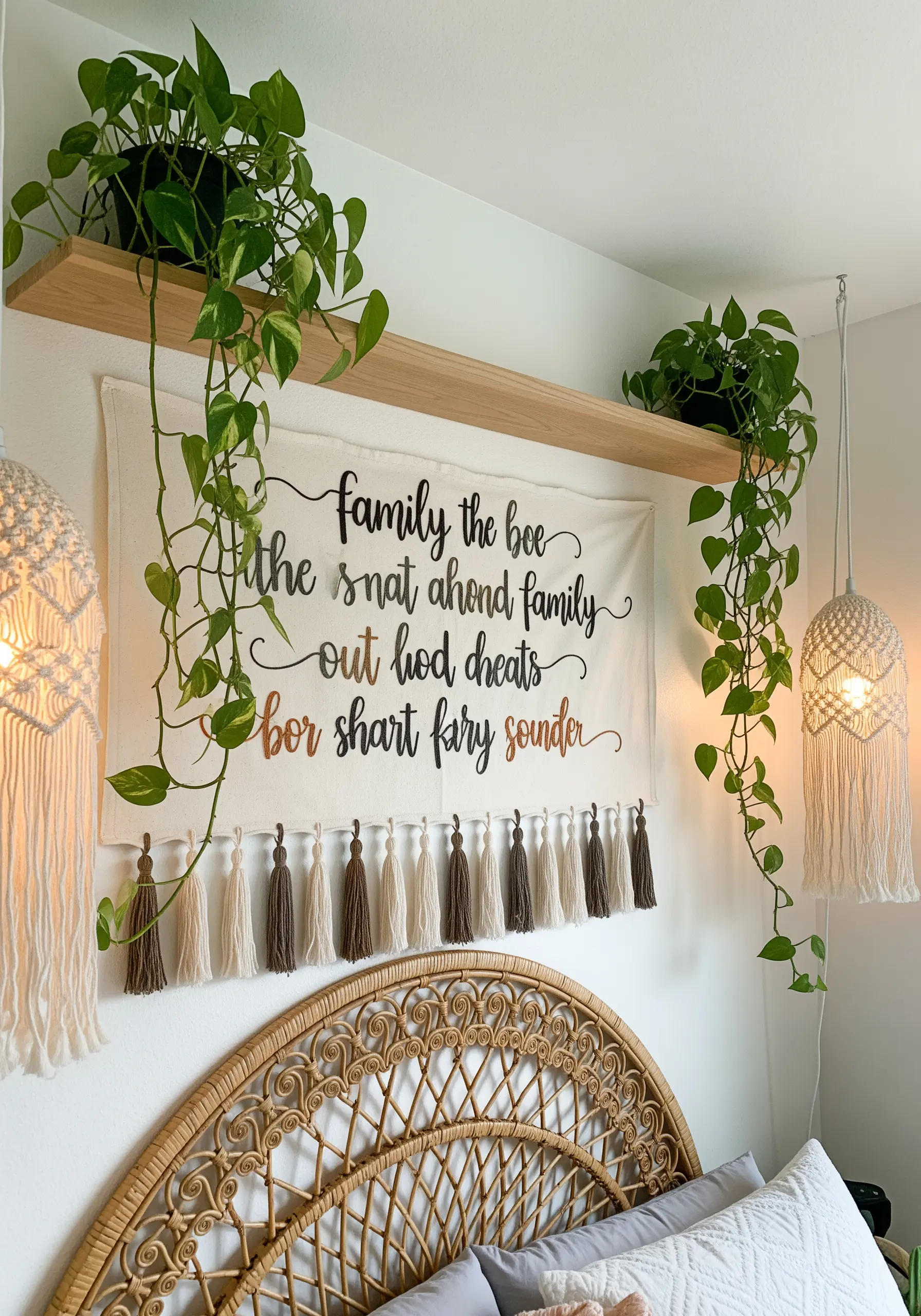 A large fabric banner with an embroidered quote and a fringe of handmade tassels.